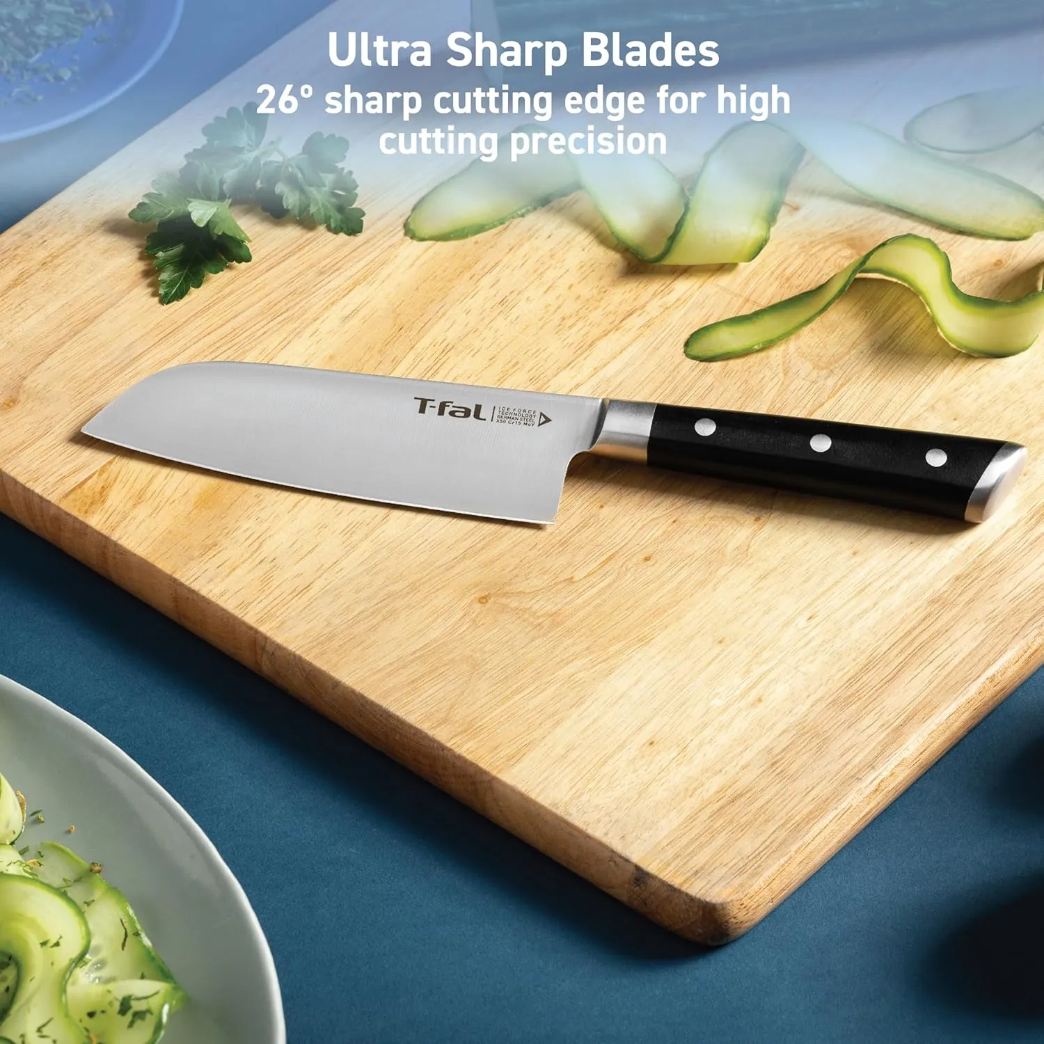 T-fal Ice Force German Stainless Steel Santoku Knife, Utility knife 2 Piece, Long Lasting Sharpness, High Cutting Precision, Superior Durability, Ultra Sharp, Cookware Kitchen Knife, Cook Tool, Black