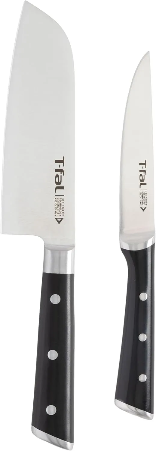 T-fal Ice Force German Stainless Steel Santoku Knife, Utility knife 2 Piece, Long Lasting Sharpness, High Cutting Precision, Superior Durability, Ultra Sharp, Cookware Kitchen Knife, Cook Tool, Black