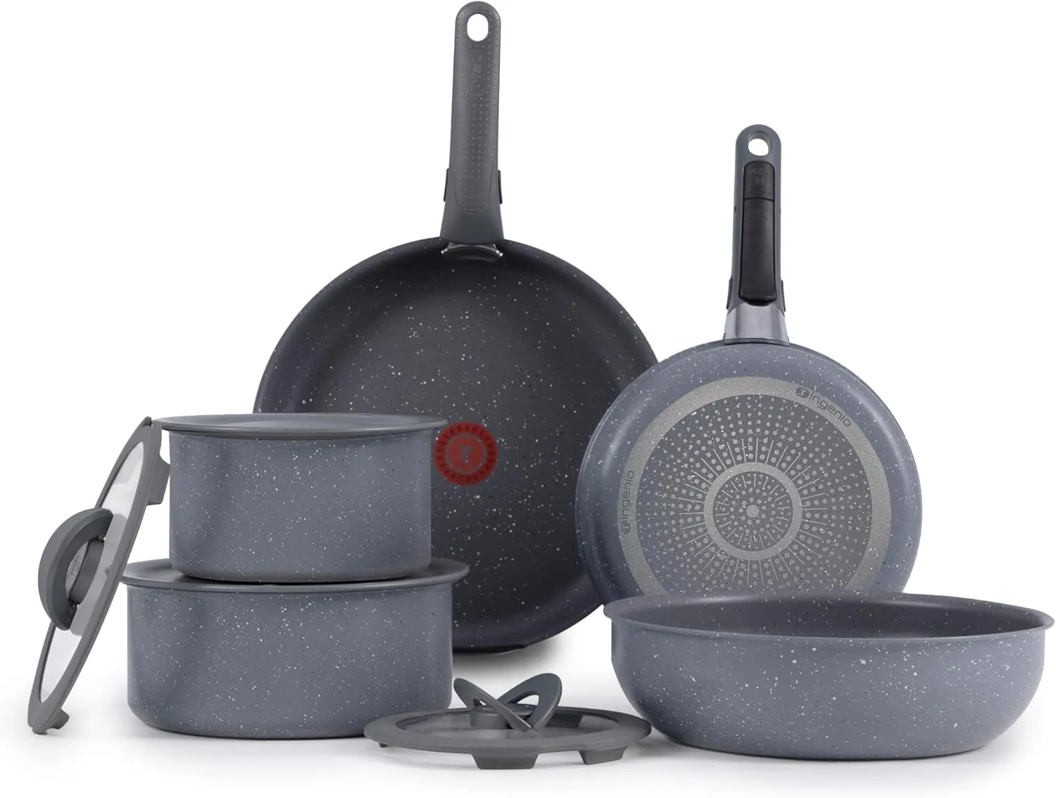 T-fal Ingenio Essentials Cookware Set with Detachable/Removable Handle 11 Piece, Granite Titanium Non Stick, Oven Broiler Safe 500F, Stackable, Pots and Pans Set, Frying Pans, Dishwasher Safe, Gray