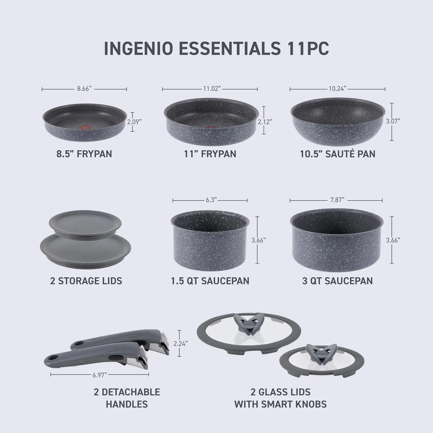 T-fal Ingenio Essentials Cookware Set with Detachable/Removable Handle 11 Piece, Granite Titanium Non Stick, Oven Broiler Safe 500F, Stackable, Pots and Pans Set, Frying Pans, Dishwasher Safe, Gray