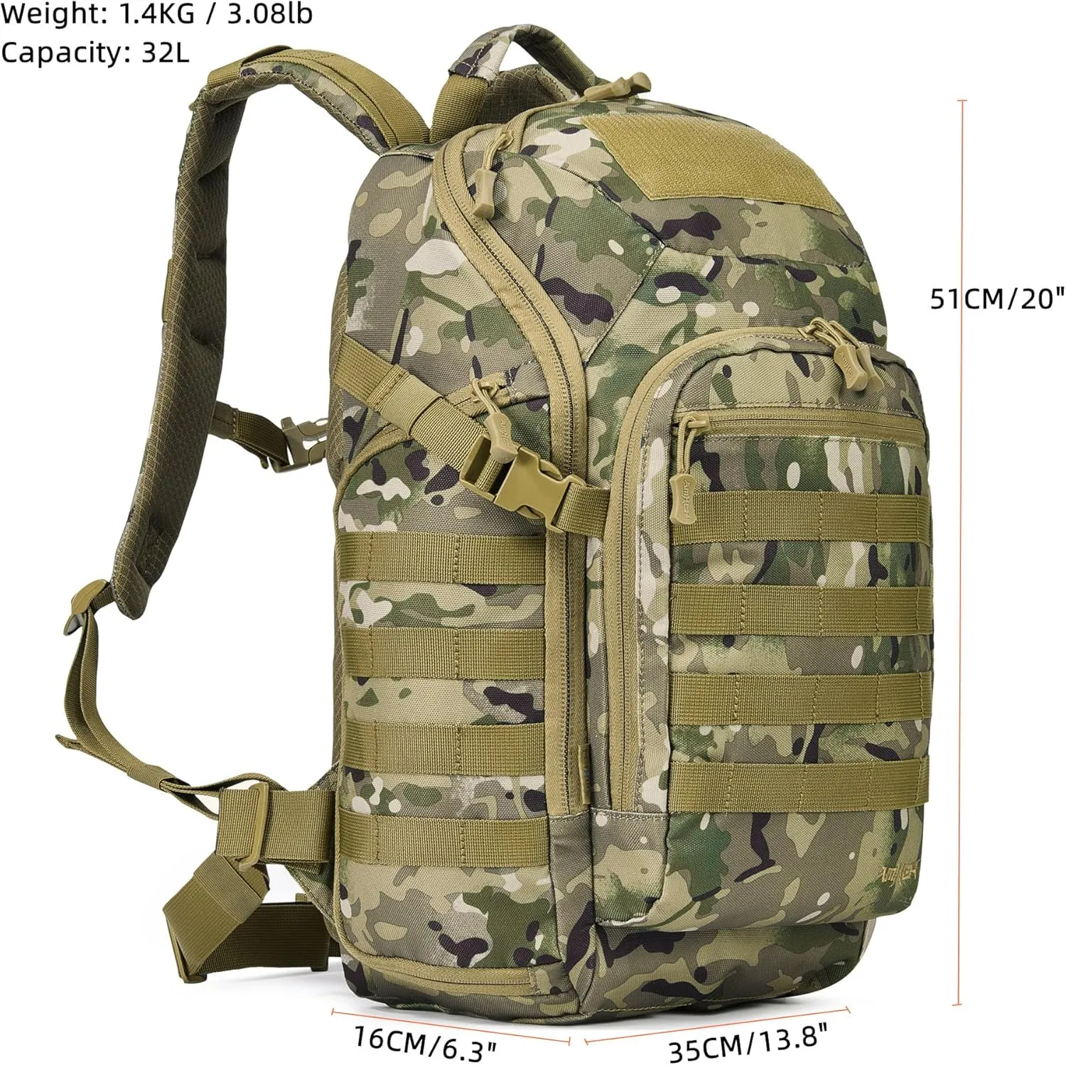 Tactical Backpack Military Army Molle Day Assault Pack Daypack Rucksack Survival Bugout Emergency Go Bag 32L (Camo)
