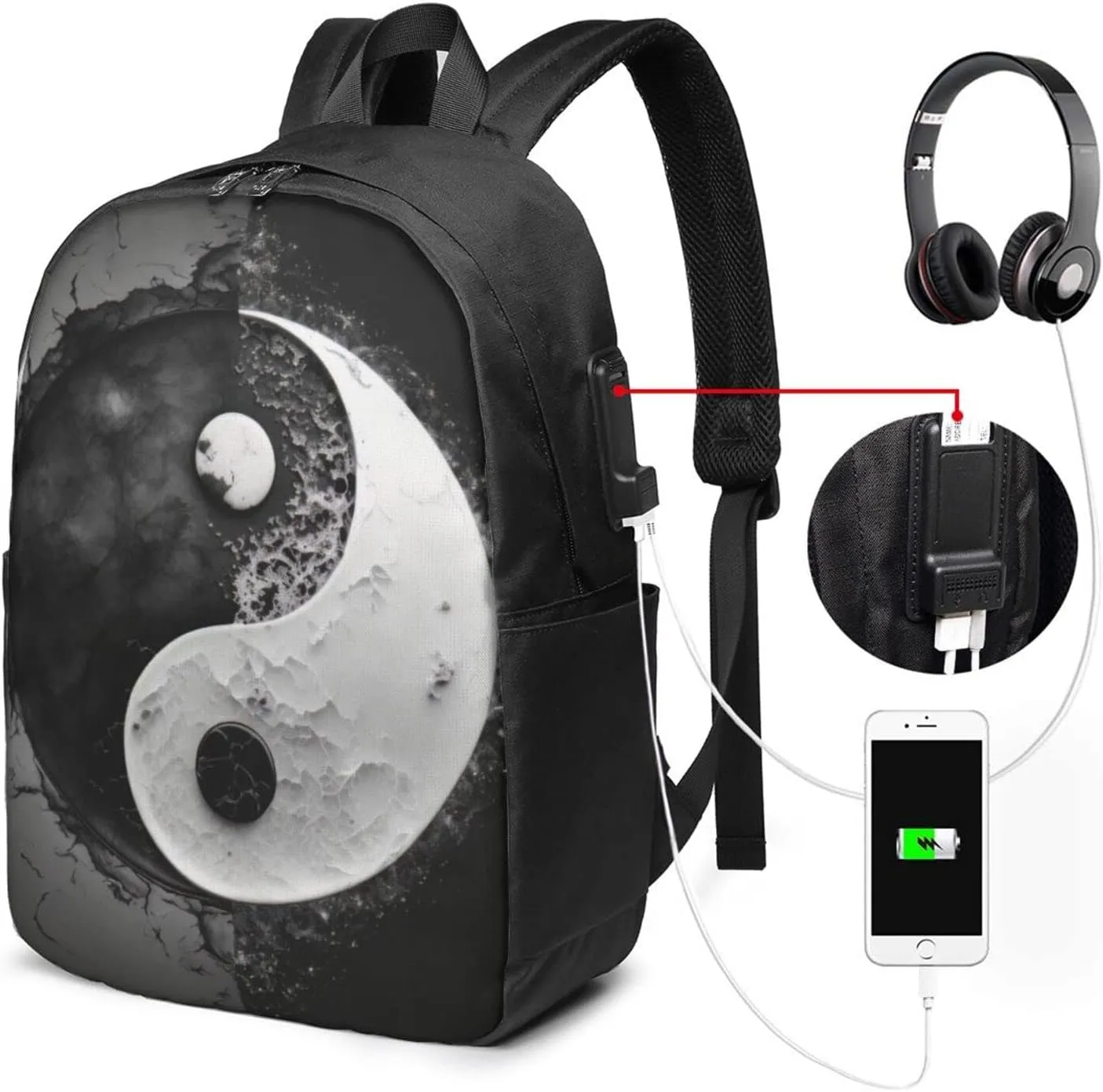 Taoist Yin Yang Tai Chi Laptop Backpack, Travel Backpack with USB Charging Port, Computer Bag for Men Women