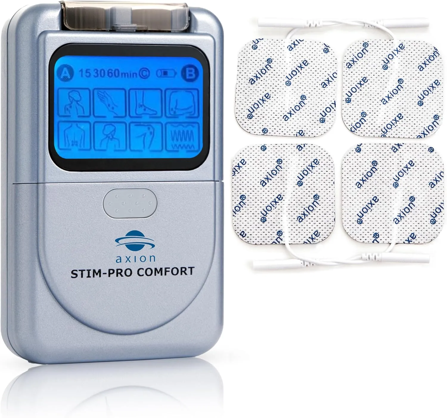 TENS Unit STIM-PRO Comfort - with 4 pcs of 2x2‘‘ Electrode Pads | TENS Machine Muscle and Nerve Stimulator for Drug-Free Pain Relief for Sore and Aching Muscles Like Back Pain