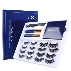 Teqqo Magnetic Eyelashes with Eyeliner - 8 Pairs Reusable Magnetic Eyelashes Kit with 5 Pairs Makeup Removal Wipes, 3D Natural False Lashes with Tweezers