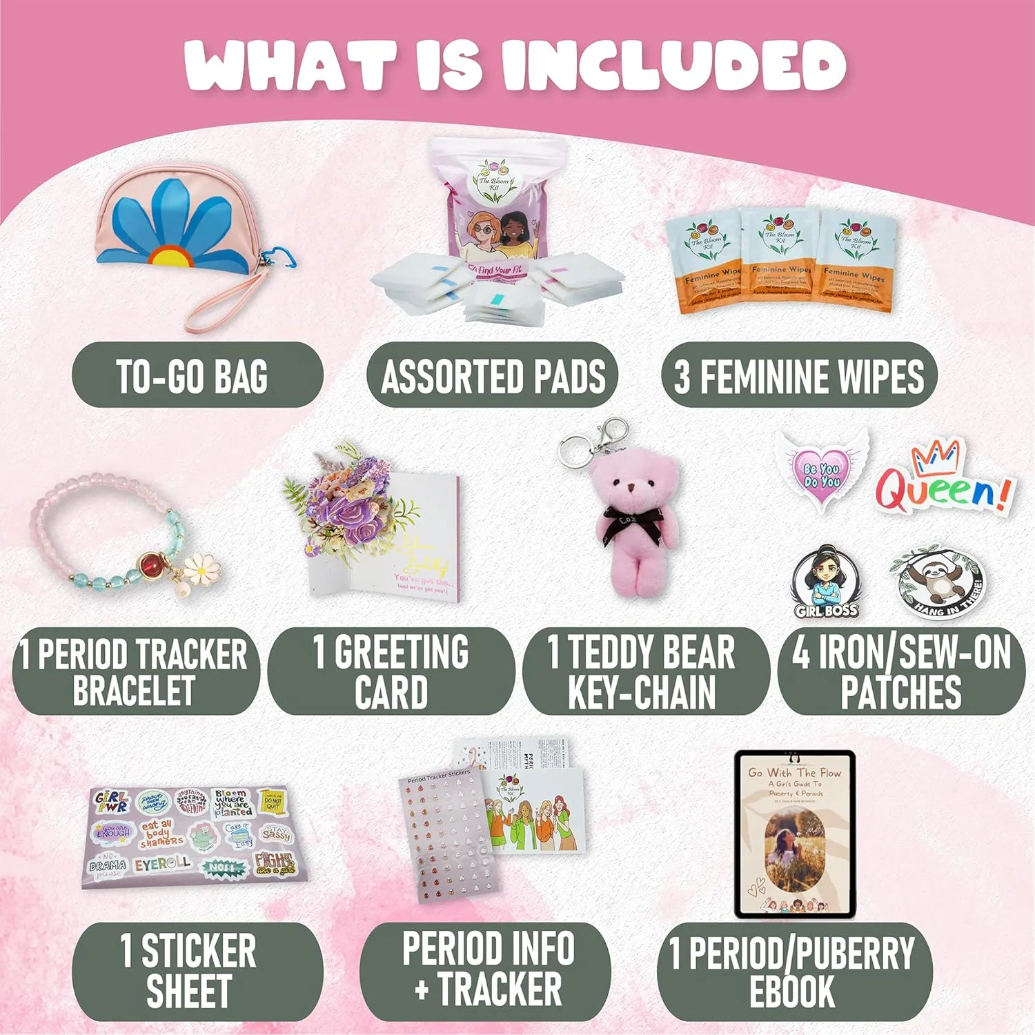 The Bloom First Period Kit for Girls 9-10-12-14 for School, Menstrual Starter Kit Gifts for Teens Girls Includes Sanitary Napkin Storage Bag, Pads, Wipes, Ebook, Period Tracker, Pink (30-PC)