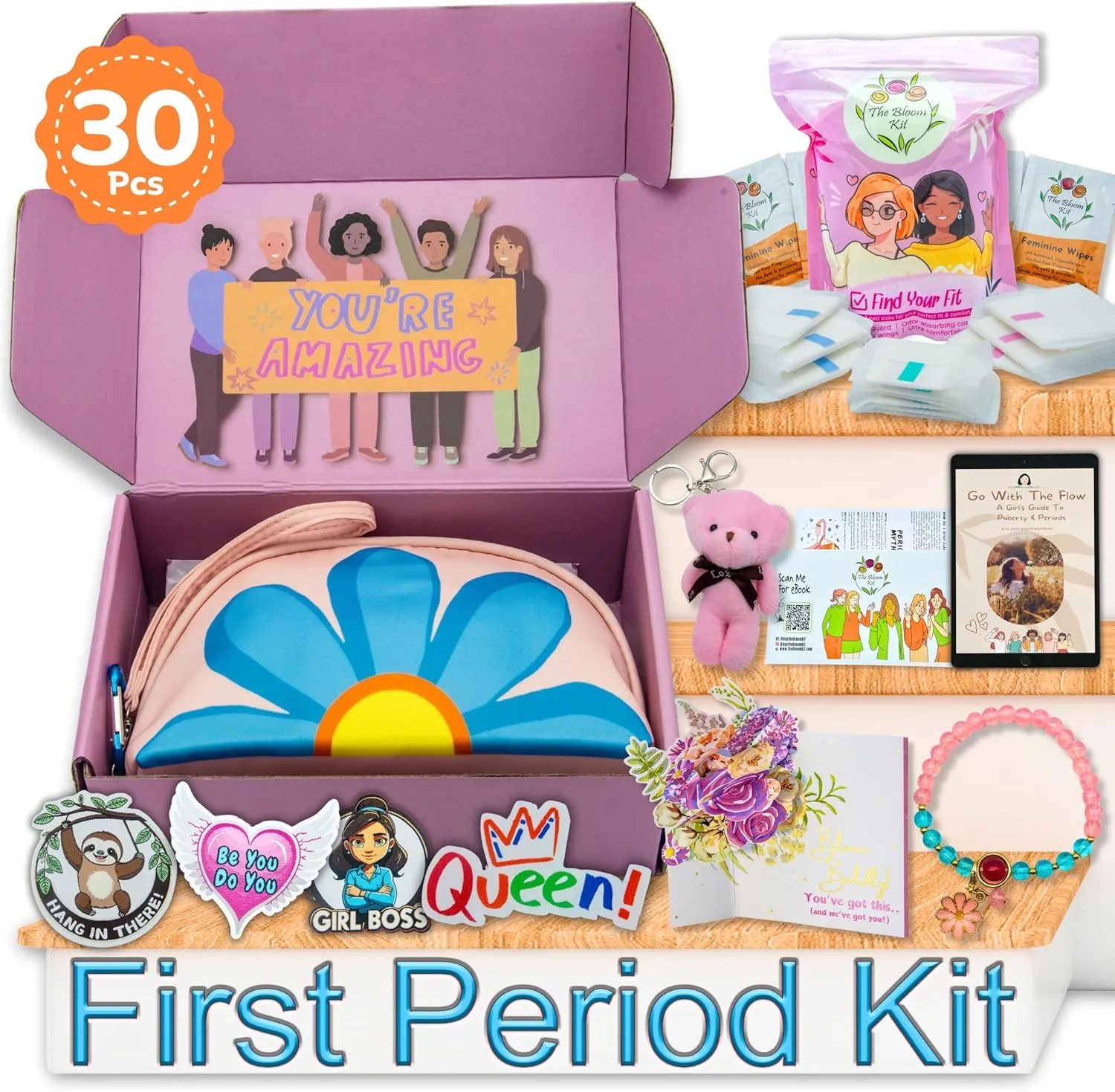 The Bloom First Period Kit for Girls 9-10-12-14 for School, Menstrual Starter Kit Gifts for Teens Girls Includes Sanitary Napkin Storage Bag, Pads, Wipes, Ebook, Period Tracker, Pink (30-PC)
