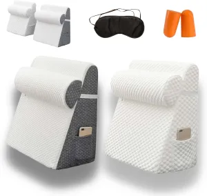 The Hiquo Wedge Pillow with Light Blocking Sleep Mask, Adjustable Orthopedic Bed Wedge Pillow Set, 30 Degree Memory Foam Triangle Incline Combo Set for Neck,Leg and Back Support (white,gray)