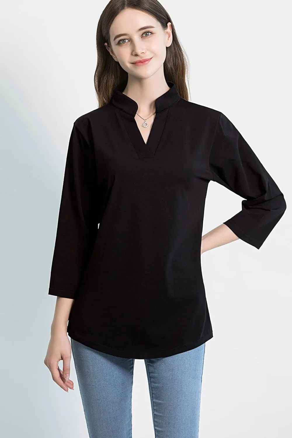 Tie G U Style Women's 3/4 Sleeve V Neck Stretch Loose Tunic Tops Casual Cotton Blouse Henley Collared Breathable Work Shirt