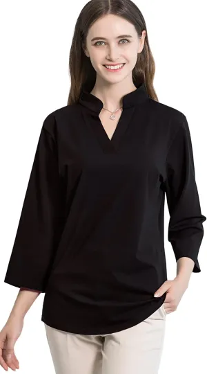 Tie G U Style Women's 3/4 Sleeve V Neck Stretch Loose Tunic Tops Casual Cotton Blouse Henley Collared Breathable Work Shirt