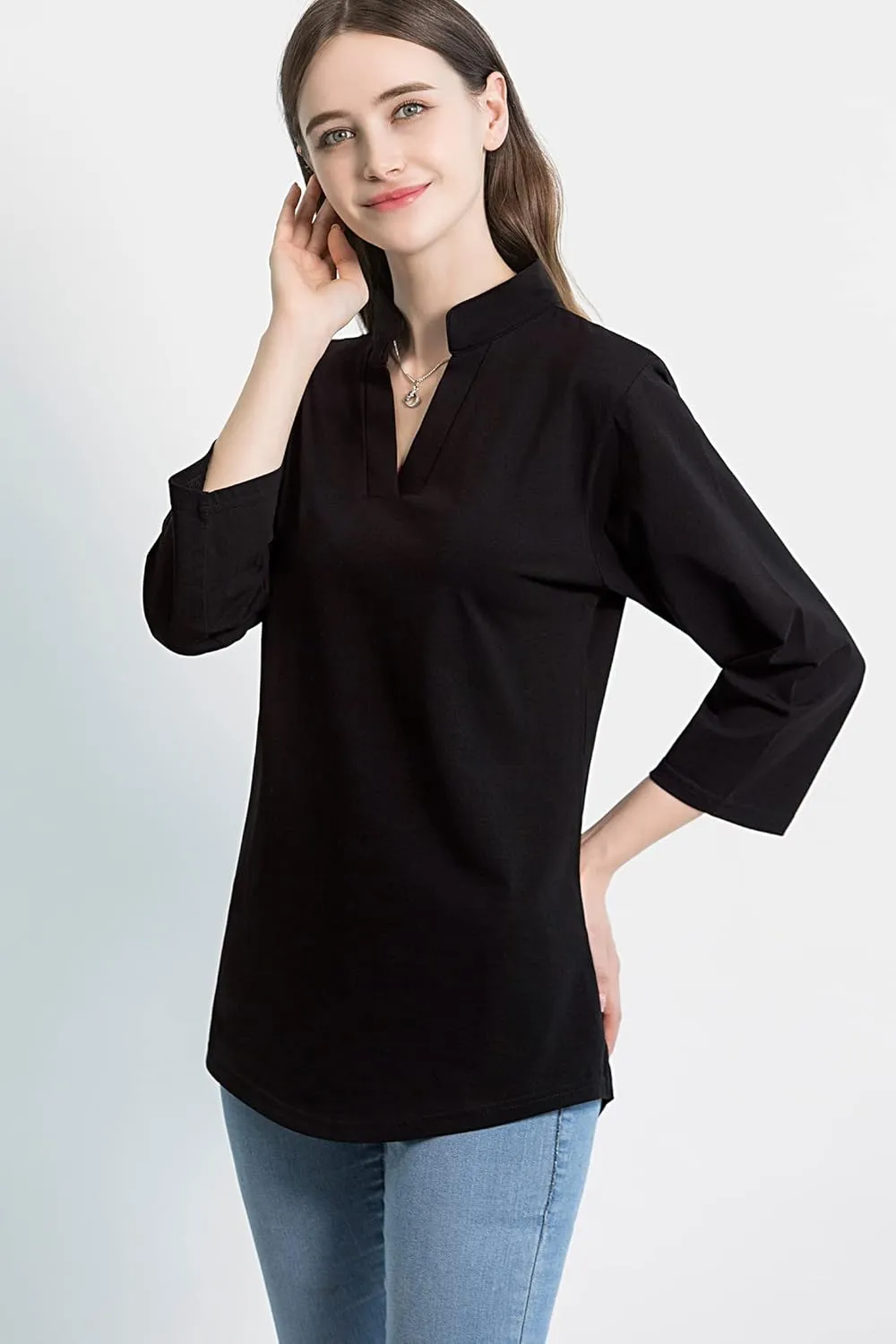 Tie G U Style Women's 3/4 Sleeve V Neck Stretch Loose Tunic Tops Casual Cotton Blouse Henley Collared Breathable Work Shirt