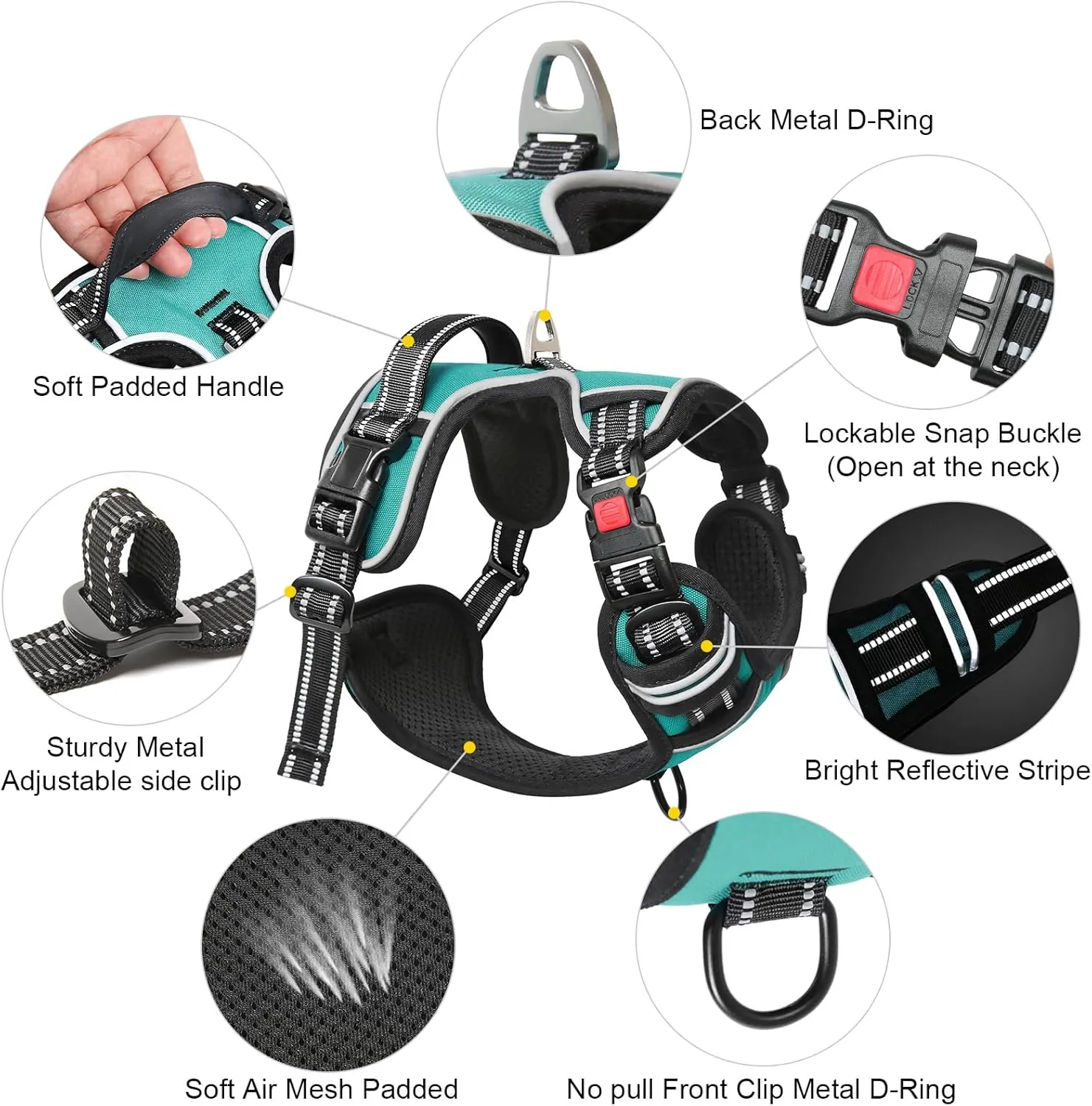 Timos Dog Harness, No-Pull Pet Harness with 2 Leash Clips, 3 Snap Buckles Adjustable Soft Padded Dog Vest, Reflective No-Choke Pet Oxford Vest with Easy Control Handle for Small Medium Large Dogs