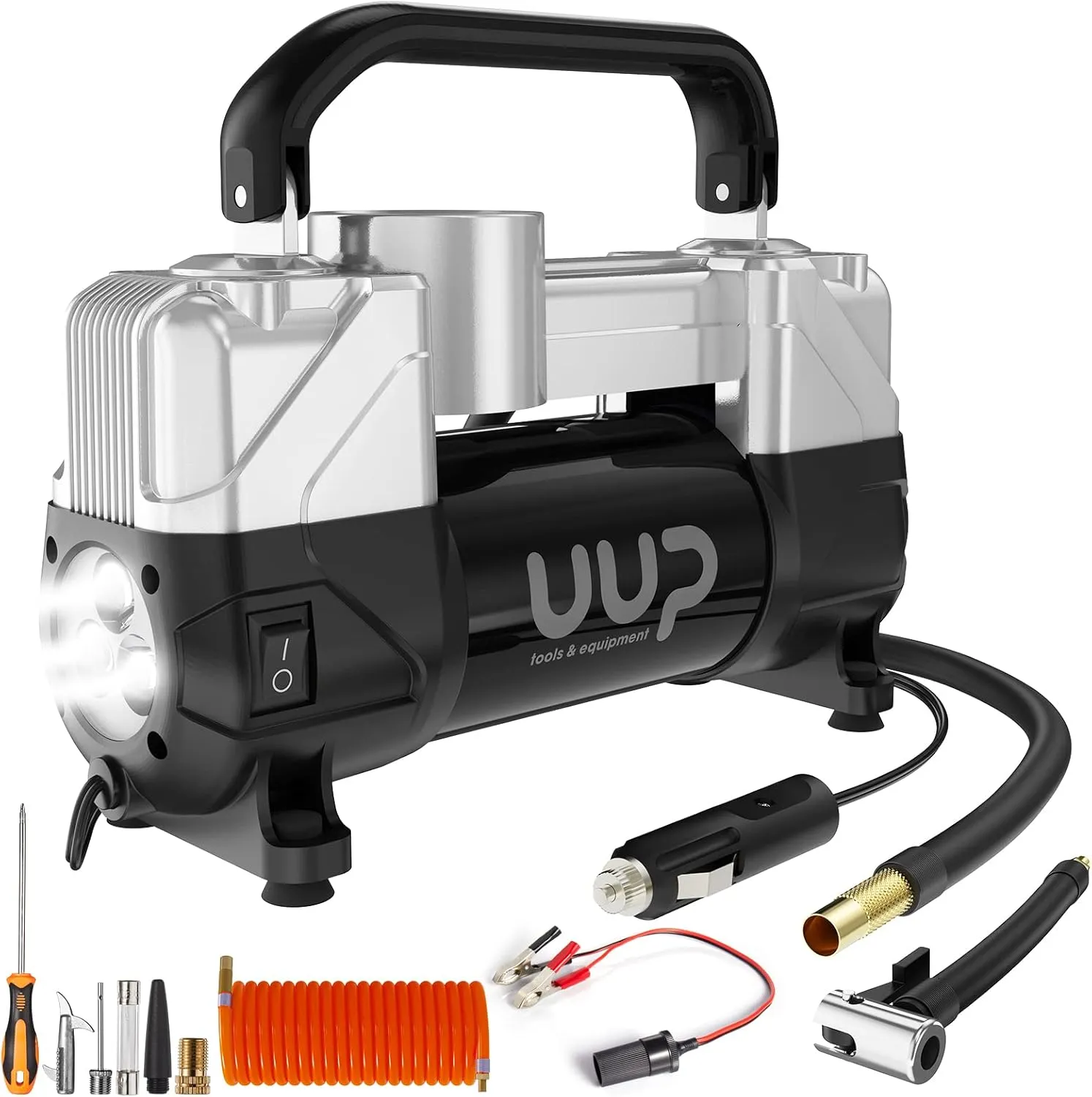 Tire Inflator Air Compressor, 150PSI 12V DC Double Cylinders Heavy Duty Portable Air Pump w/Emergency LED Light for Truck, SUV, Car, RV (black1)