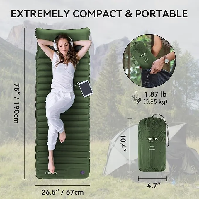 TOBTOS Inflatable Sleeping Pad for Camping with Pillow, 4" Thick Camping Mat with Built-in Foot Pump, Compact Air Mattress for Camping, Hiking, Backpacking (Green)