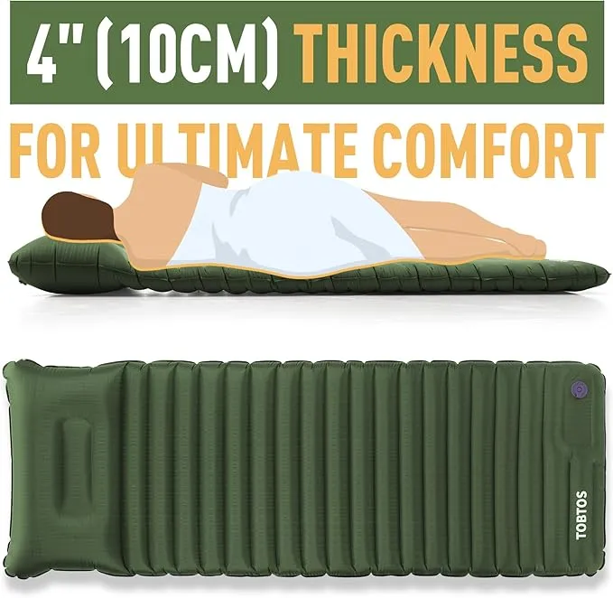 TOBTOS Inflatable Sleeping Pad for Camping with Pillow, 4" Thick Camping Mat with Built-in Foot Pump, Compact Air Mattress for Camping, Hiking, Backpacking (Green)