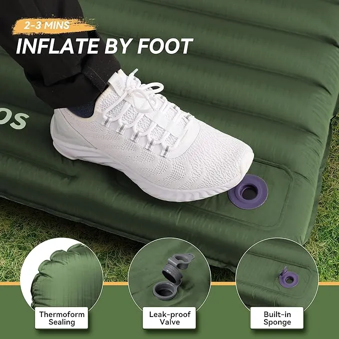 TOBTOS Inflatable Sleeping Pad for Camping with Pillow, 4" Thick Camping Mat with Built-in Foot Pump, Compact Air Mattress for Camping, Hiking, Backpacking (Green)
