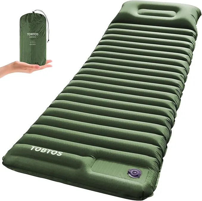 TOBTOS Inflatable Sleeping Pad for Camping with Pillow, 4" Thick Camping Mat with Built-in Foot Pump, Compact Air Mattress for Camping, Hiking, Backpacking (Green)
