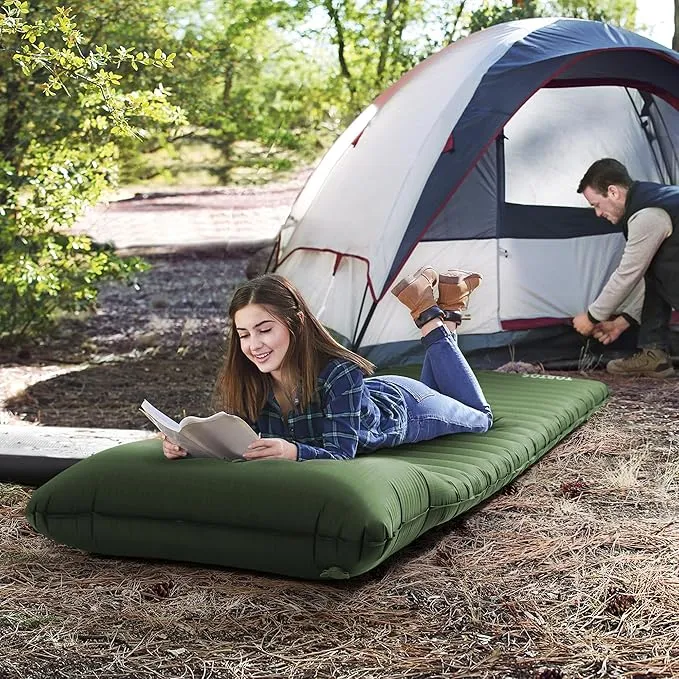 TOBTOS Inflatable Sleeping Pad for Camping with Pillow, 4" Thick Camping Mat with Built-in Foot Pump, Compact Air Mattress for Camping, Hiking, Backpacking (Green)