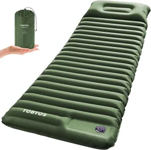 TOBTOS Inflatable Sleeping Pad for Camping with Pillow, 4" Thick Camping Mat with Built-in Foot Pump, Compact Air Mattress for Camping, Hiking, Backpacking (Green)