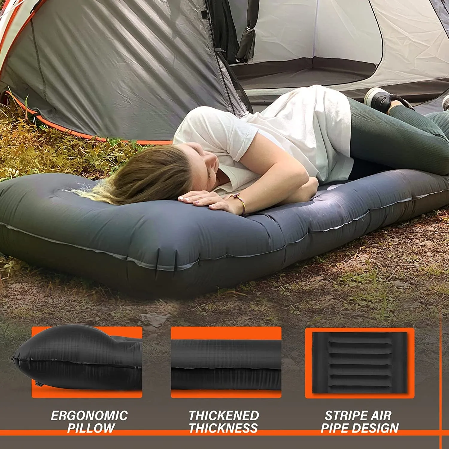 TOBTOS Self Inflating Camping Sleeping Pad with Pillow, Thick 6 Inch Ultralight Sleeping Pad with Built-In Pump, Lightweight Sleeping Mat for Camping, Backpacking, Hiking, Tent (Grey)