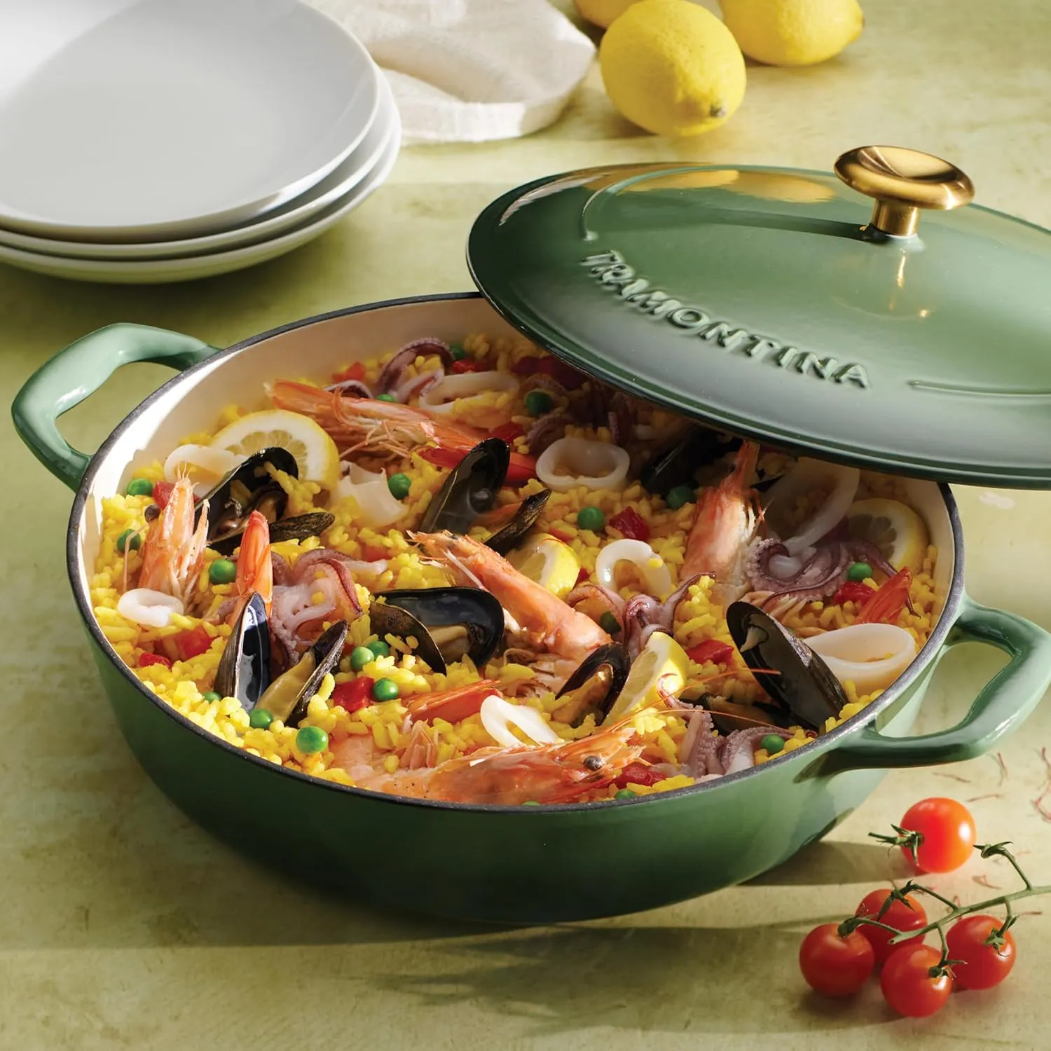Tramontina Enameled Cast Iron Braiser Pan with Lid, 4-quart, Cactus with Gold Knob