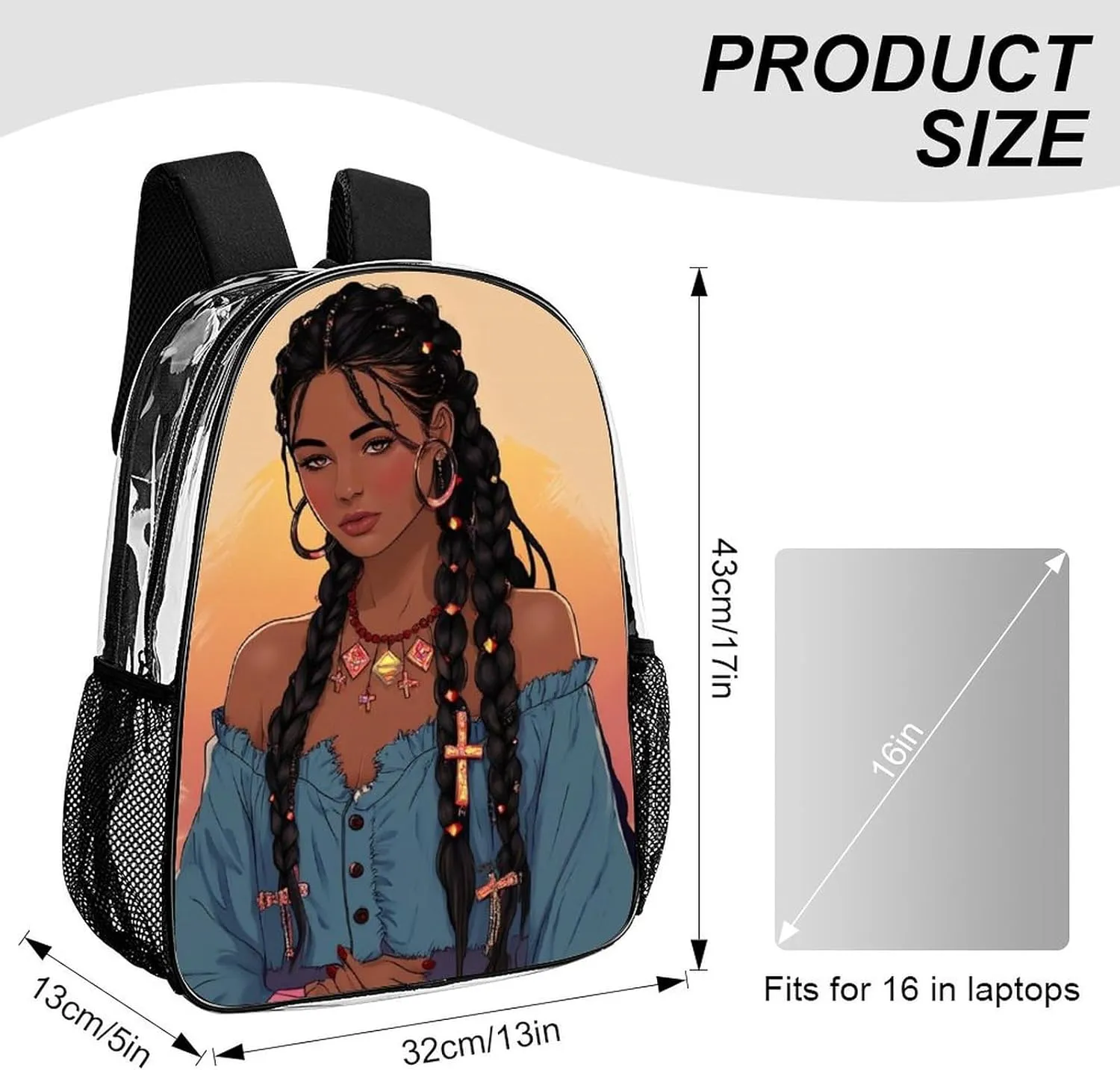 Transparent Daypack Backpack for Climbing Outdoors Running - Big Capacity Multipurpose Anti-Theft Bookbag, African American Black Woman woman Painting Art Travel Hiking & Camping Rucksack
