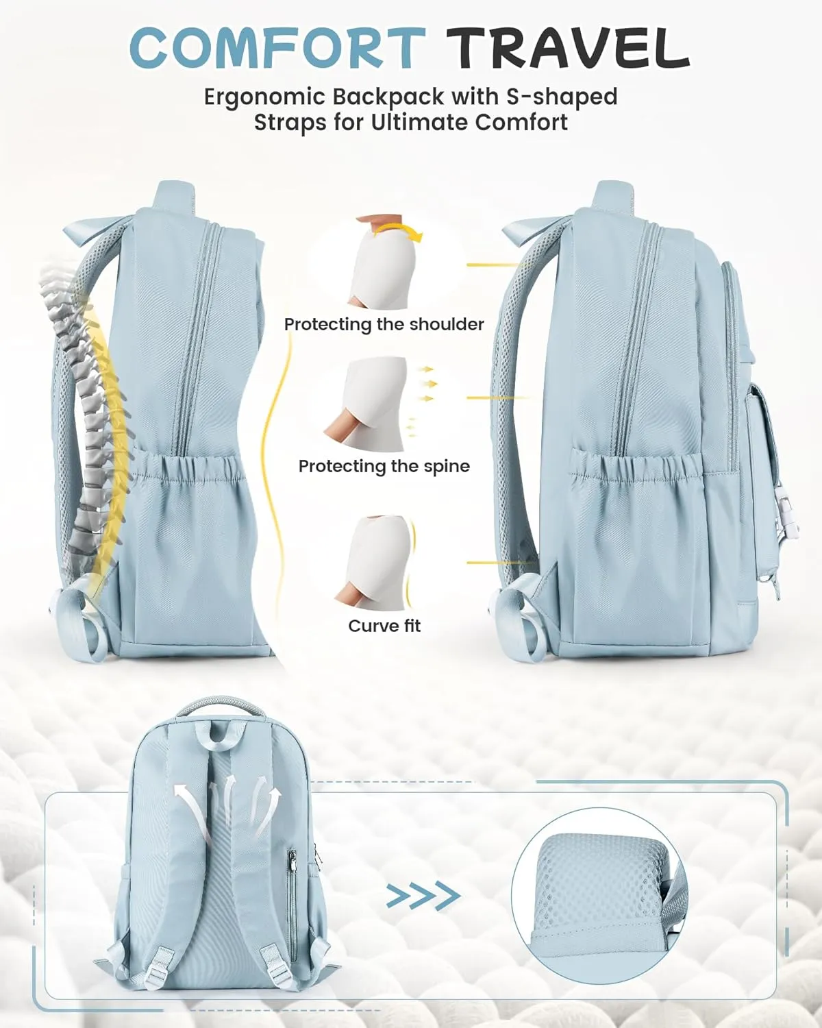 Travel Laptop Backpack for Women,Carry on Bags for Airplanes Men Work Cute Aesthetic Backpack,Large Casual Daypack Personal item Bag,Light Blue