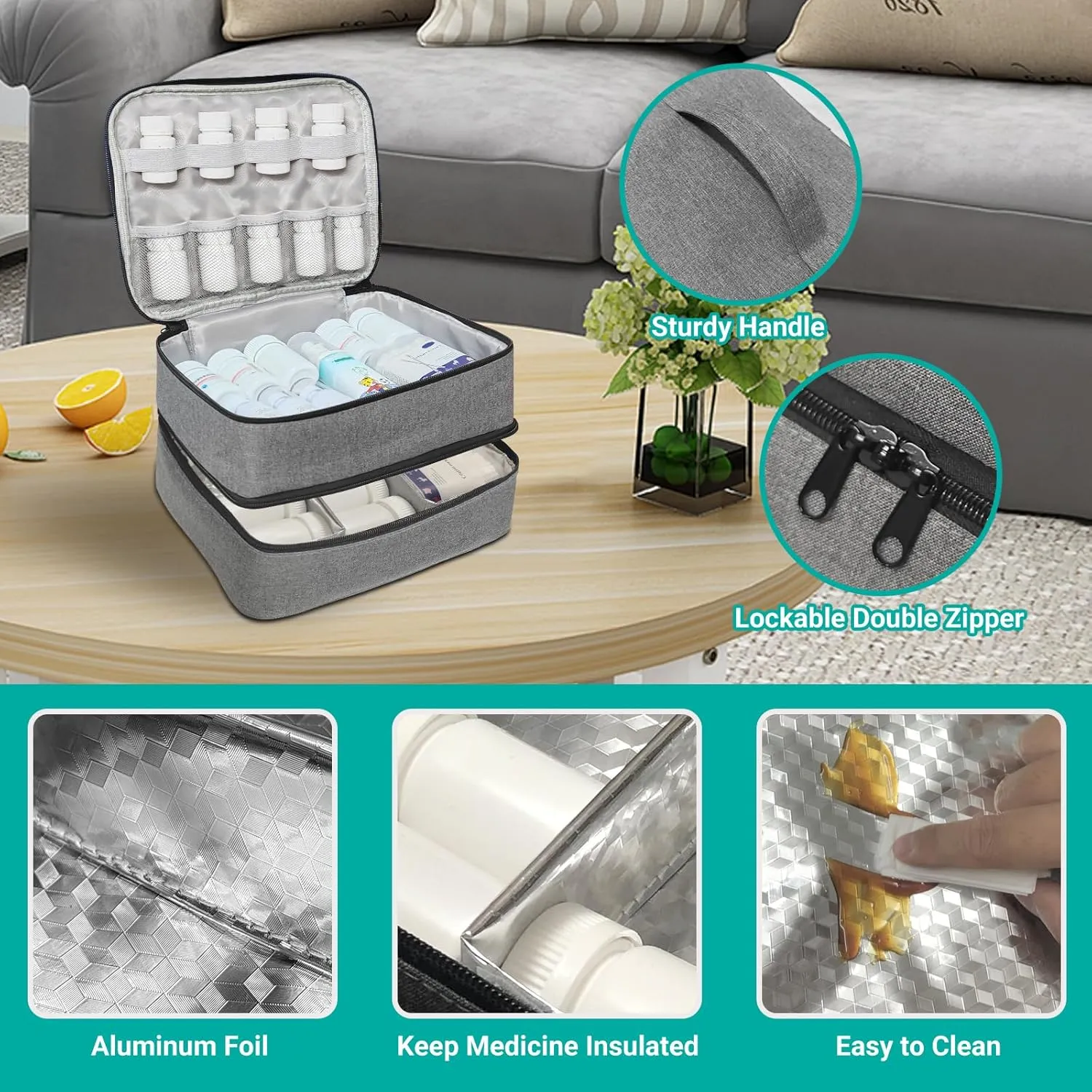 Travel Medicine Organizer and Storage Bag - Double Layers Pill Bottle Organizer Bag for Emergency Medication,Supplements or Medical Kits, Zippered Lockable Empty Medicine Bag for Home (Grey, M)