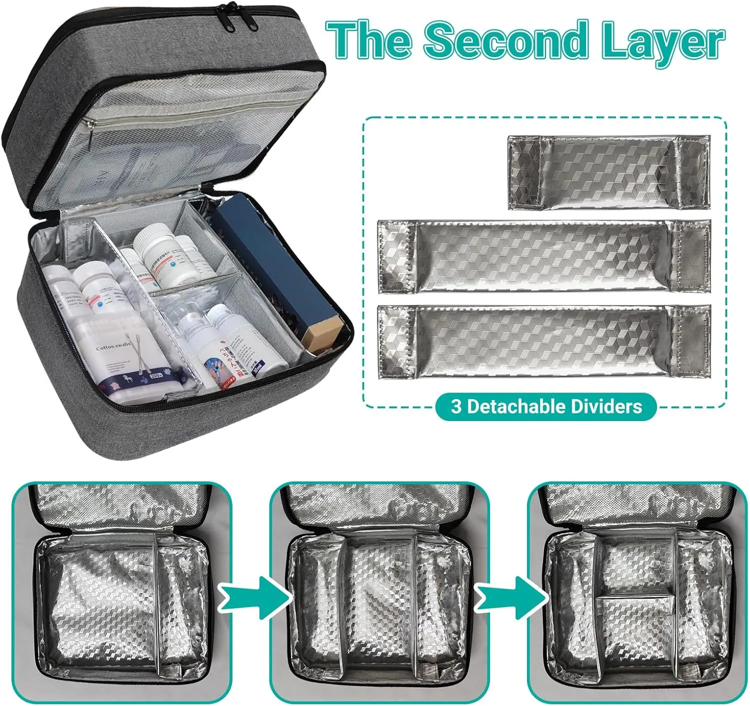 Travel Medicine Organizer and Storage Bag - Double Layers Pill Bottle Organizer Bag for Emergency Medication,Supplements or Medical Kits, Zippered Lockable Empty Medicine Bag for Home (Grey, M)