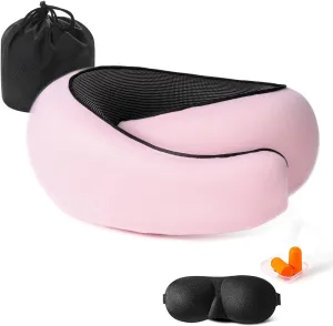 Travel Neck Pillows for Airplanes Or Trains, 360° Head Support Sleep for Long Flight, Skin-Friendly and Breathable, Kit with 3D Contoured Eye Mask, Earplugs and Storage Bag