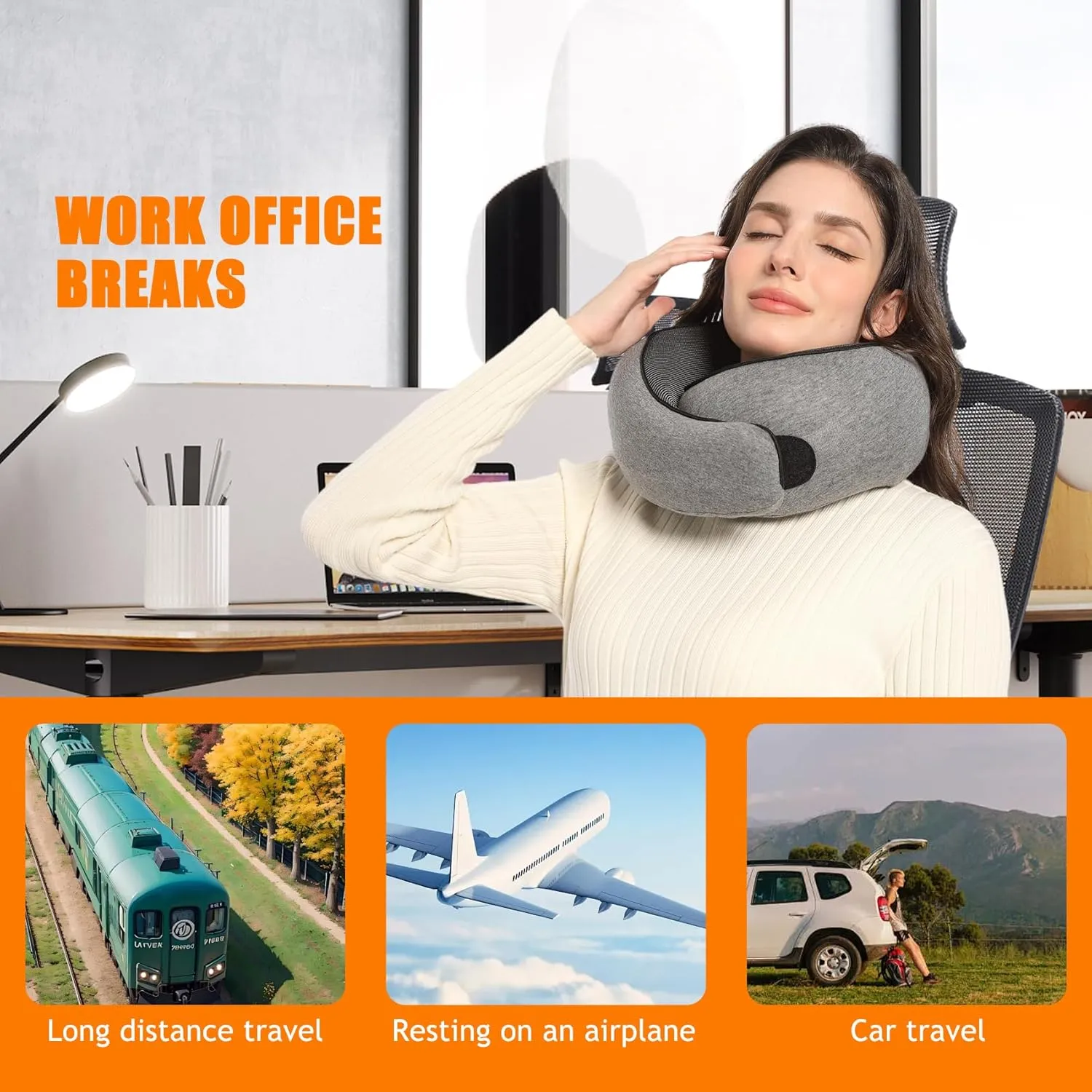 Travel Neck Pillows for Airplanes Or Trains, 360° Head Support Sleep for Long Flight, Skin-Friendly and Breathable, Kit with 3D Contoured Eye Mask, Earplugs and Storage Bag
