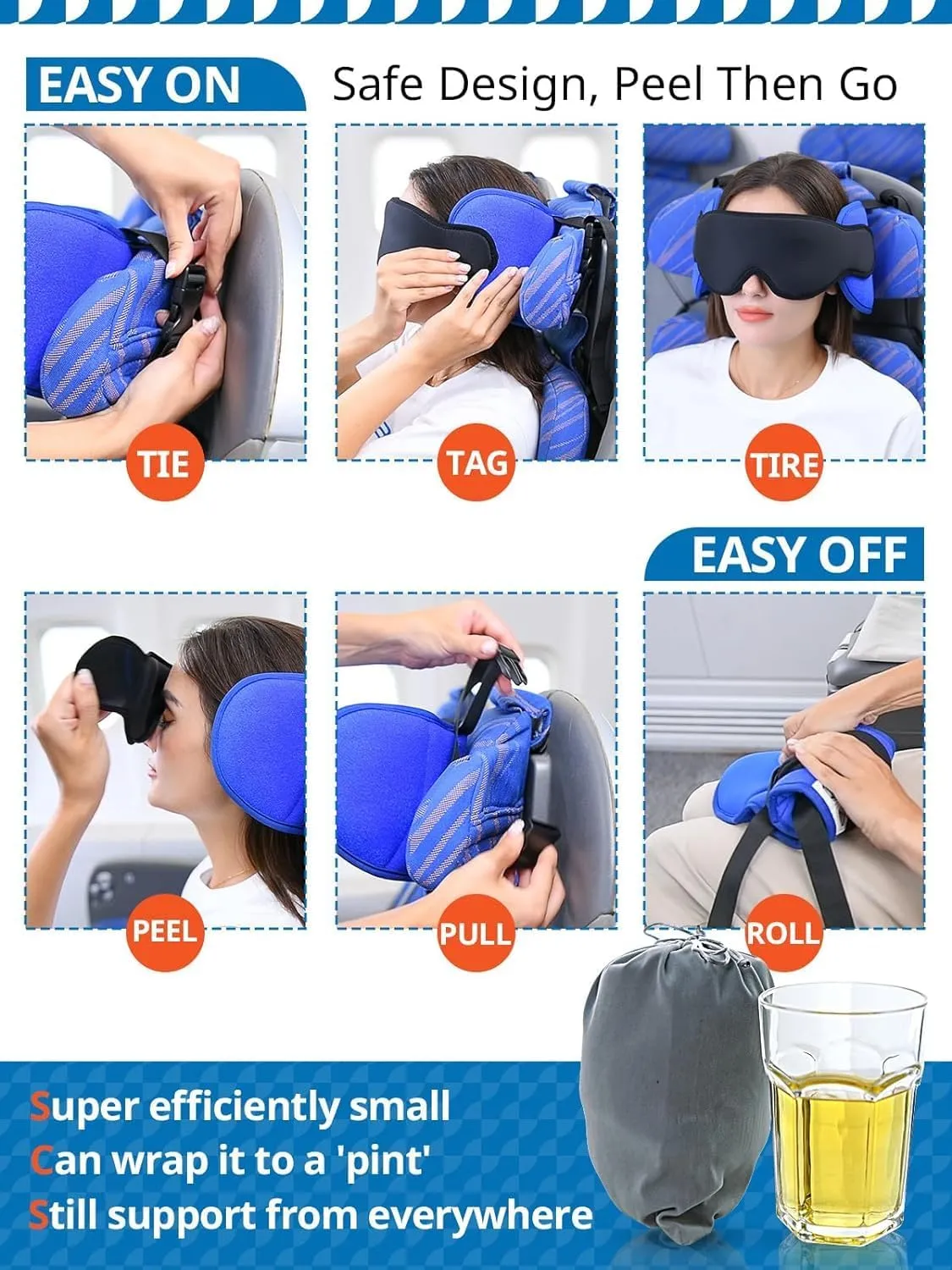 Travel Pillows for Airplanes, Airplane Pillow for Long Flight, Airplane Head Strap with Eye Mask for Sleep, Travel Neck Pillow for Car Road Trip, 360° Support Headrest, Stop Bobblehead, Yellow
