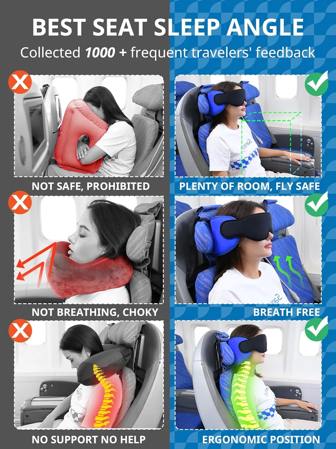Travel Pillows for Airplanes, Airplane Pillow for Long Flight, Airplane Head Strap with Eye Mask for Sleep, Travel Neck Pillow for Car Road Trip, 360° Support Headrest, Stop Bobblehead, Yellow