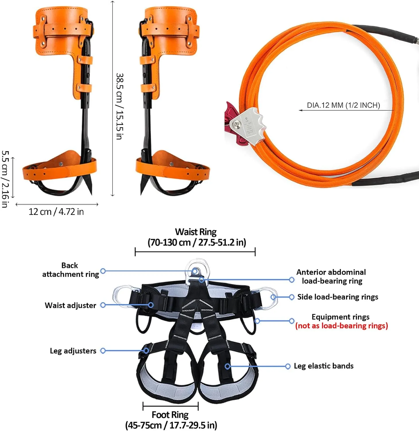 Tree Climbing Gear，Tree Climbing Spikes, Tree Climbing Gear with Adjustable Climbing Straps and Steel Core Flip Line, Rock Climbing Kit with Triple Lock Lanyard Adjuster