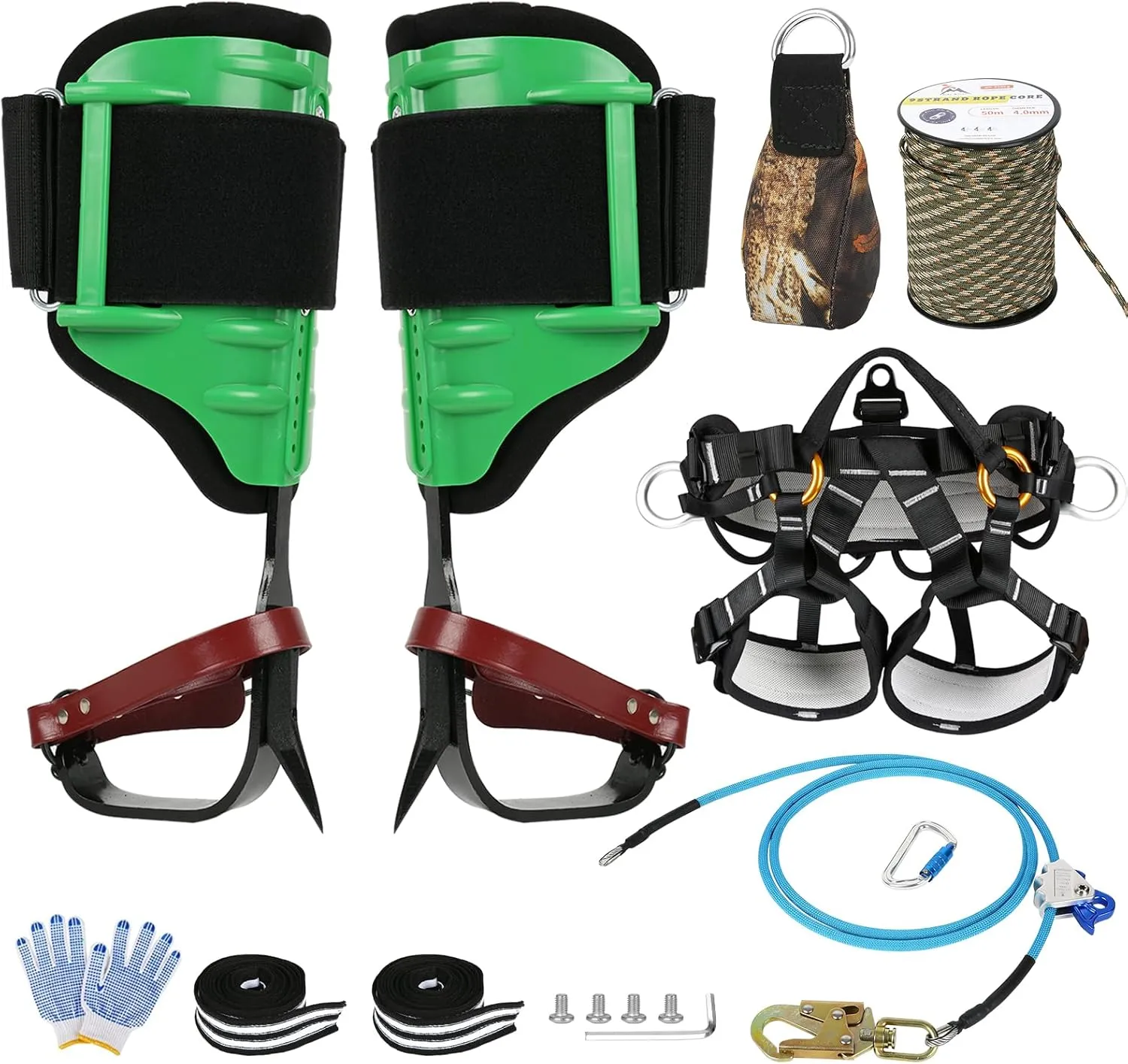 Tree Climbing Spikes Set Tree Climbing Gear Kit Adjustable Climbing Spurs Tool Leather Arborist Tree Climbing Kit with Protection Belt for Climbing Hunting Rescue Logging Observation