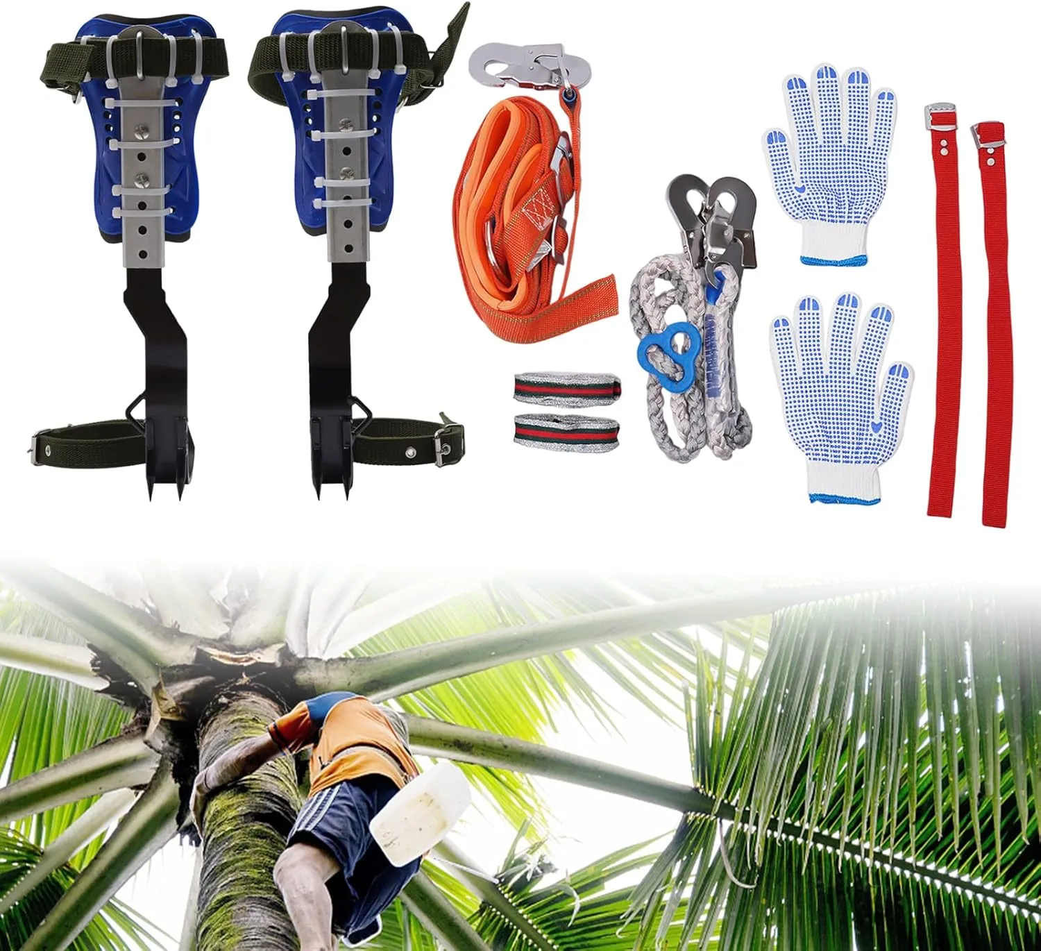 Tree Climbing Spikes Set with Safety Belt, Adjustable Pole Portable Tree Climbing Gears for Hunting Observation, Fruit Picking Non-Slip Pedal