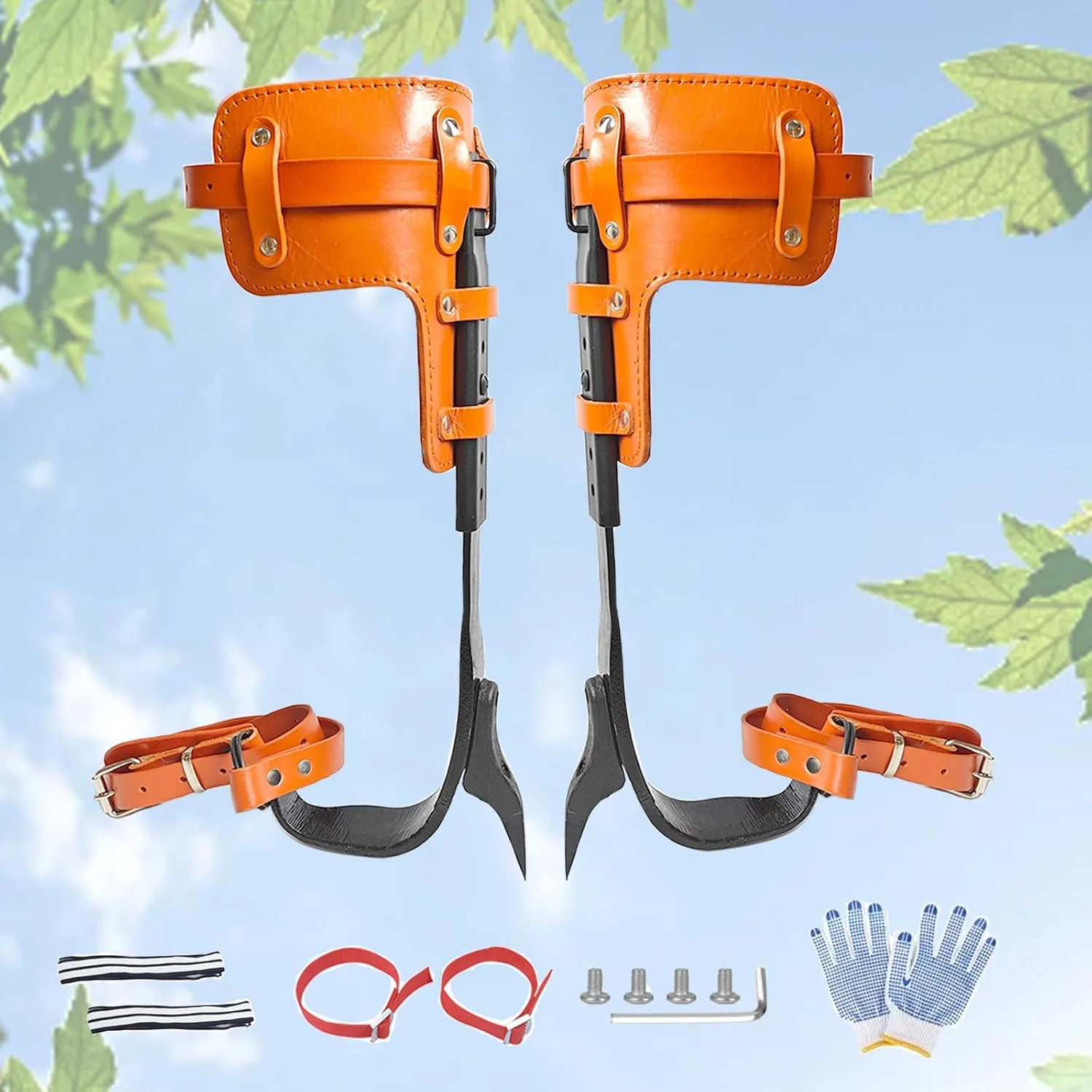 Tree Climbing Spikes,Upgrade Leather Tree Climbing Gear Set,Adjustable Tree Climbing Gear with Cattle Hide Leggings Straps,Tree Climbing Kit for Climbing Trees, Picking Fruit,Tree Trimming,Hunting