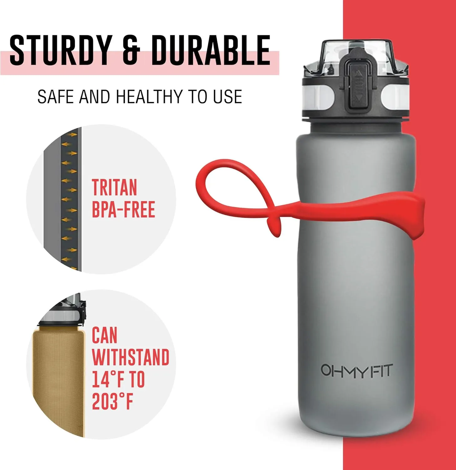 Tritan Sports Water Bottle with Magnetic Silicone Carry Strap & One Click Open Cap - Magnetic Drink Holder for Metal Equipment - Bottle w/Straps for Backpack, Belt & More (18oz, Crimson)