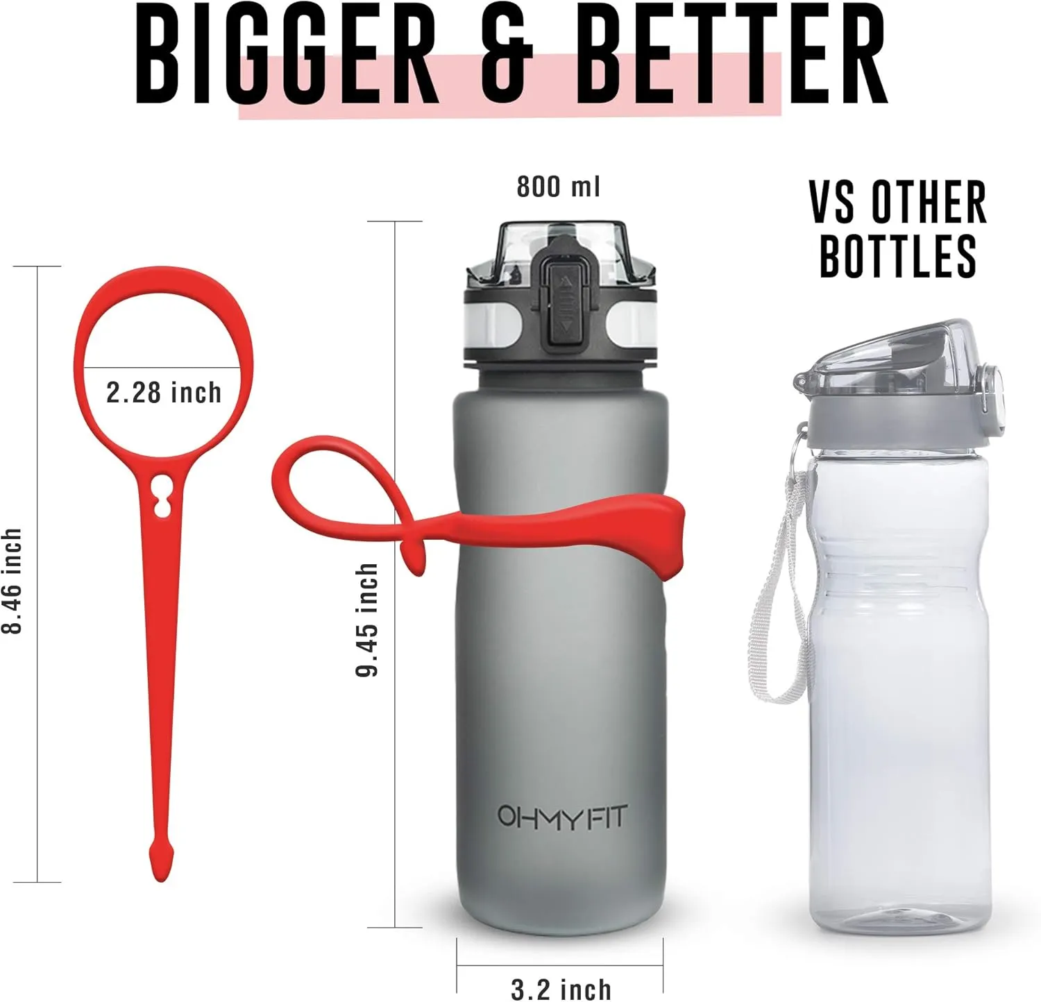 Tritan Sports Water Bottle with Magnetic Silicone Carry Strap & One Click Open Cap - Magnetic Drink Holder for Metal Equipment - Bottle w/Straps for Backpack, Belt & More (18oz, Crimson)