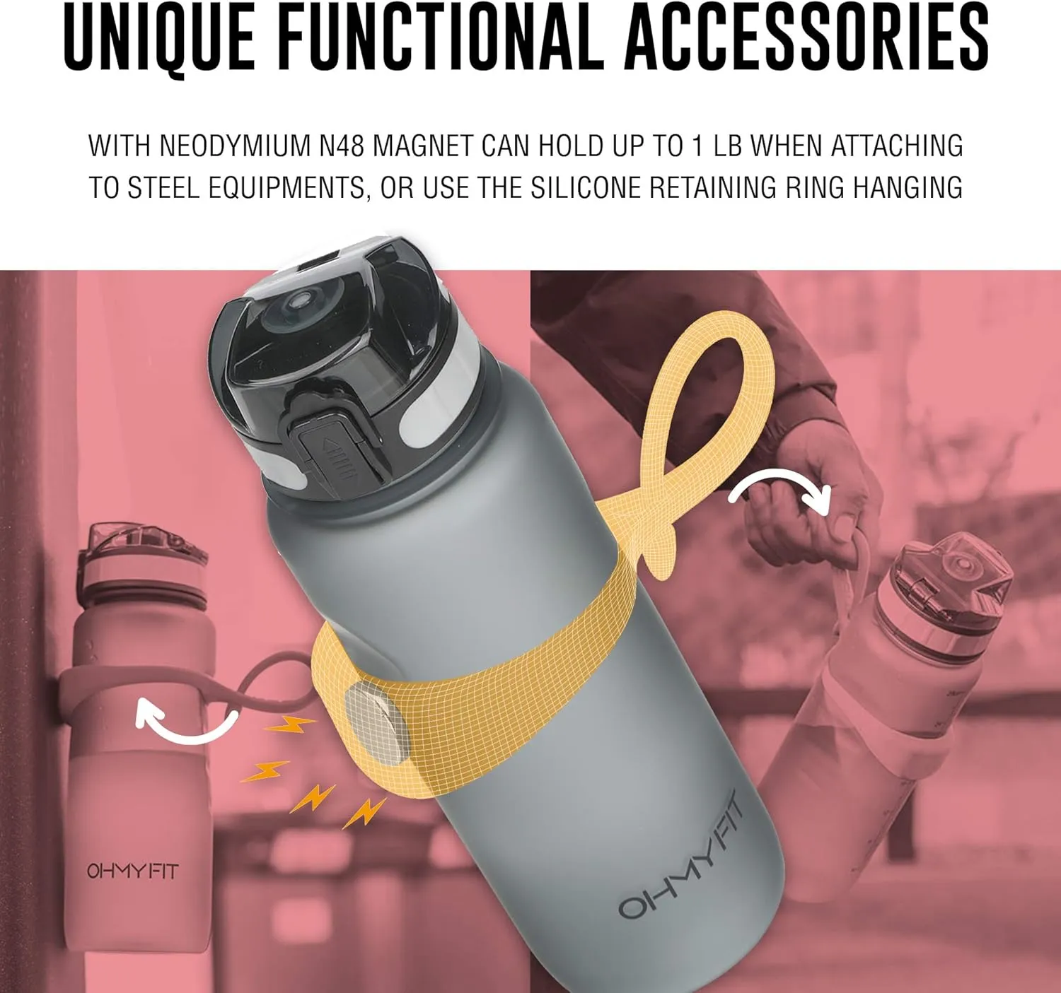 Tritan Sports Water Bottle with Magnetic Silicone Carry Strap & One Click Open Cap - Magnetic Drink Holder for Metal Equipment - Bottle w/Straps for Backpack, Belt & More (18oz, Crimson)
