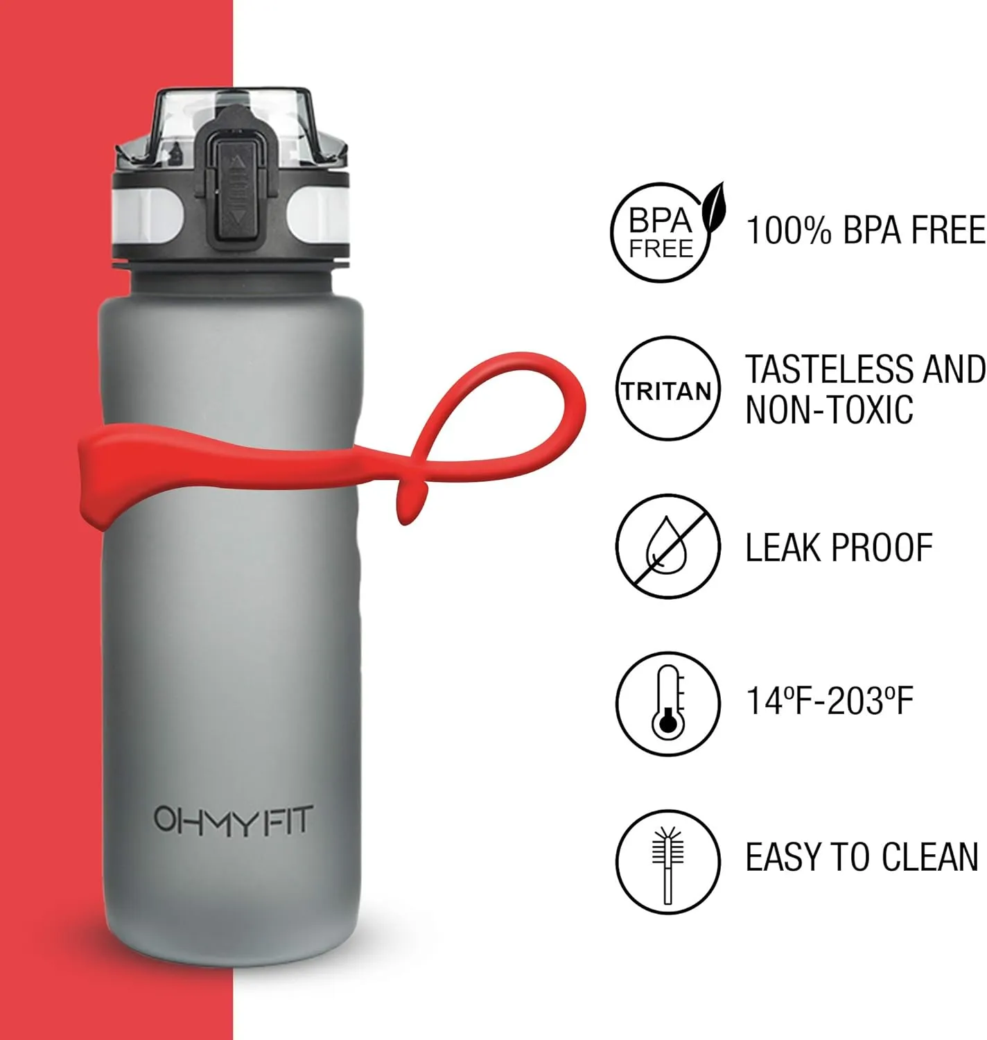 Tritan Sports Water Bottle with Magnetic Silicone Carry Strap & One Click Open Cap - Magnetic Drink Holder for Metal Equipment - Bottle w/Straps for Backpack, Belt & More (18oz, Crimson)