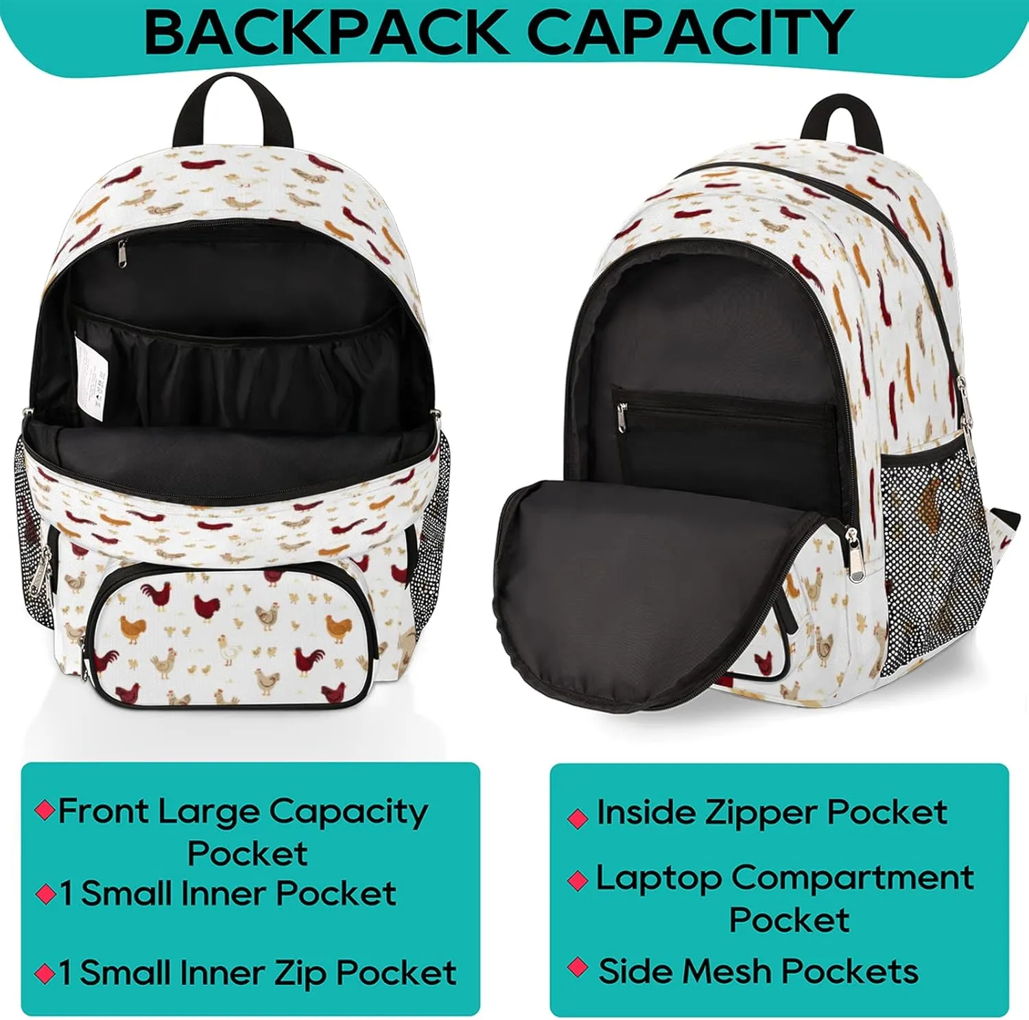 TropicalLife Farmhouse Rooster Chicken Bookbag 18 Inch School Backpack Teens Girls Boys Schoolbag Shoulder Computer Hiking Gym Travel Casual Travel Daypack
