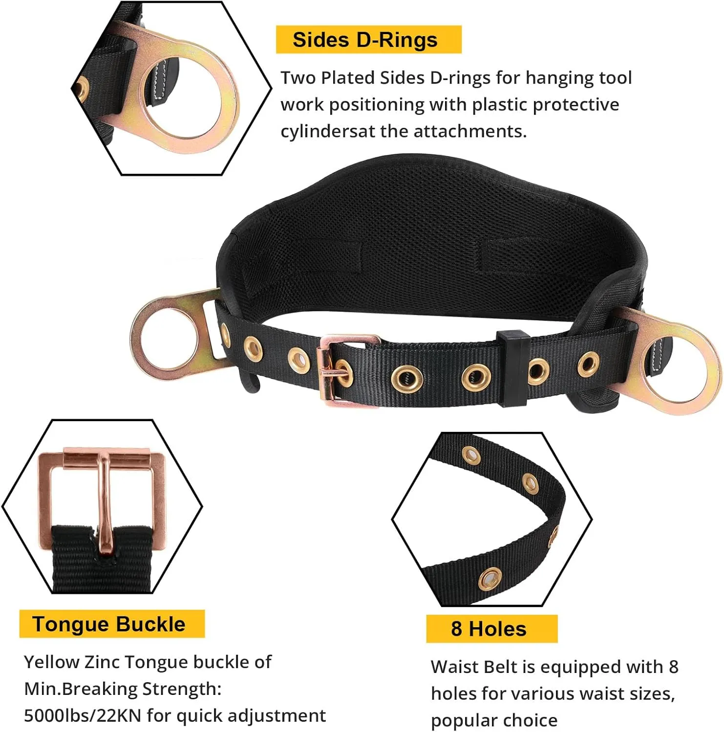 TRSMIMA Safety Harness Climbing Belt - Black Body Fall Protection Men Roof Tree Work Waist-Tongue Buckle Pad D-Ring