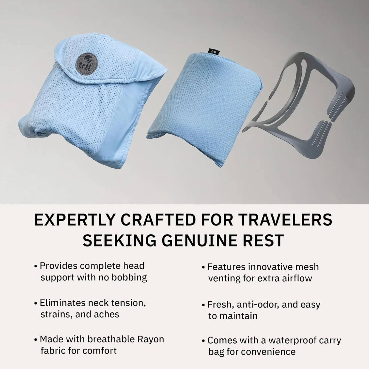 trtl Travel Pillow Cool for Neck Support - Cooling Travel Pillows for Airplanes - with Breathable Fabric - Lightweight and Easy to Carry - Glacier Blue