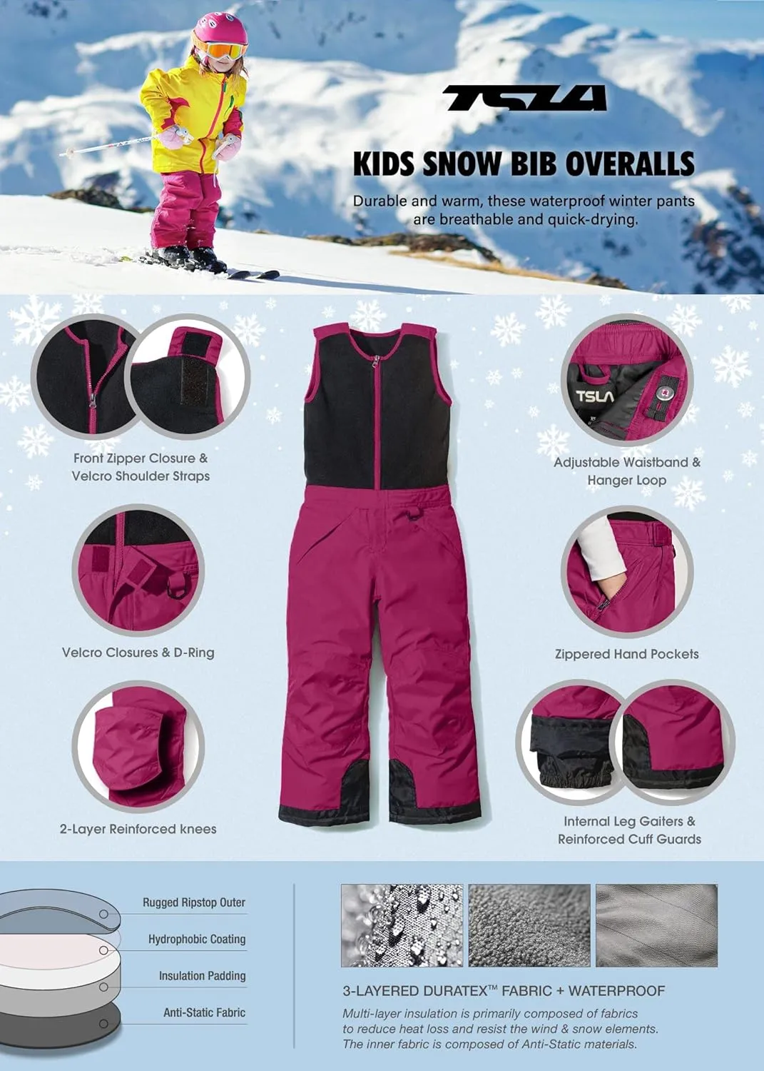 TSLA Kids Little Boys Girls Baby Winter Snow Bibs, Waterproof Insulated Snowboard Overalls, Ripstop Ski Pants