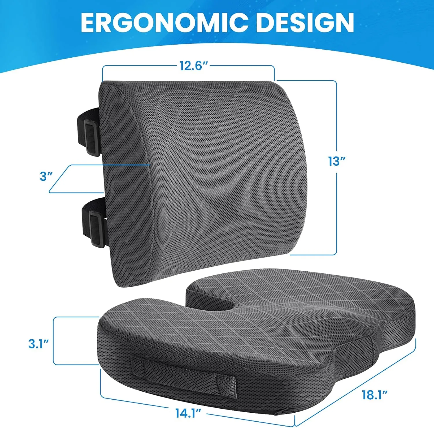 TushGuard Back&Seat Cushion, Car Seat Office Chair Cushions, Sciatica & Back Coccyx Tailbone Discomfort Easing Chair Pad, Memory Foam Lumbar Support Pillow for Desk, Wheelchair, Driving (Grey)