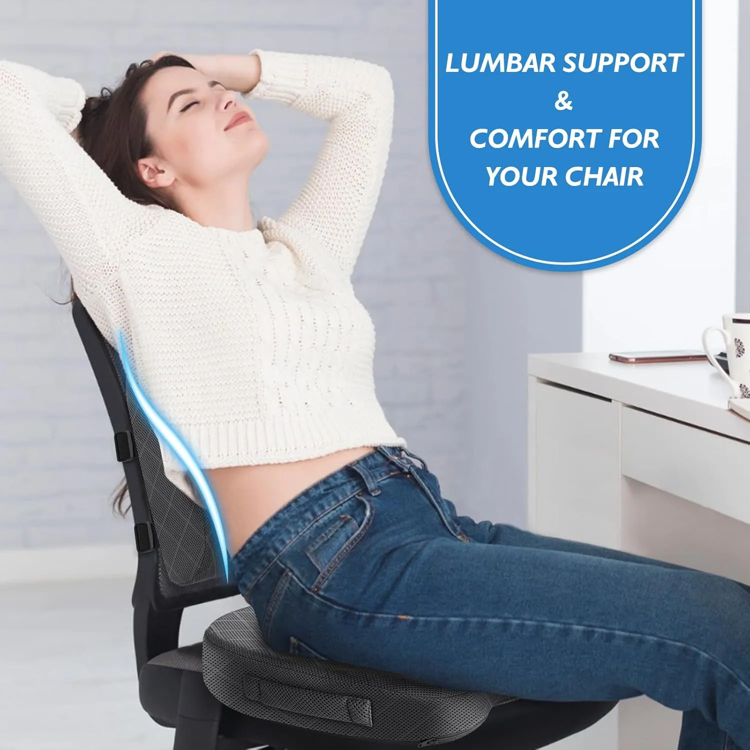 TushGuard Back&Seat Cushion, Car Seat Office Chair Cushions, Sciatica & Back Coccyx Tailbone Discomfort Easing Chair Pad, Memory Foam Lumbar Support Pillow for Desk, Wheelchair, Driving (Grey)