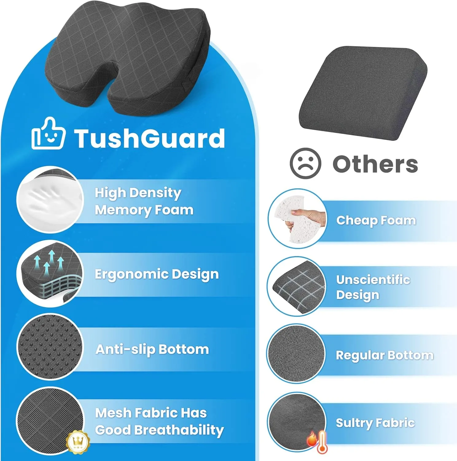 TushGuard Back&Seat Cushion, Car Seat Office Chair Cushions, Sciatica & Back Coccyx Tailbone Discomfort Easing Chair Pad, Memory Foam Lumbar Support Pillow for Desk, Wheelchair, Driving (Grey)