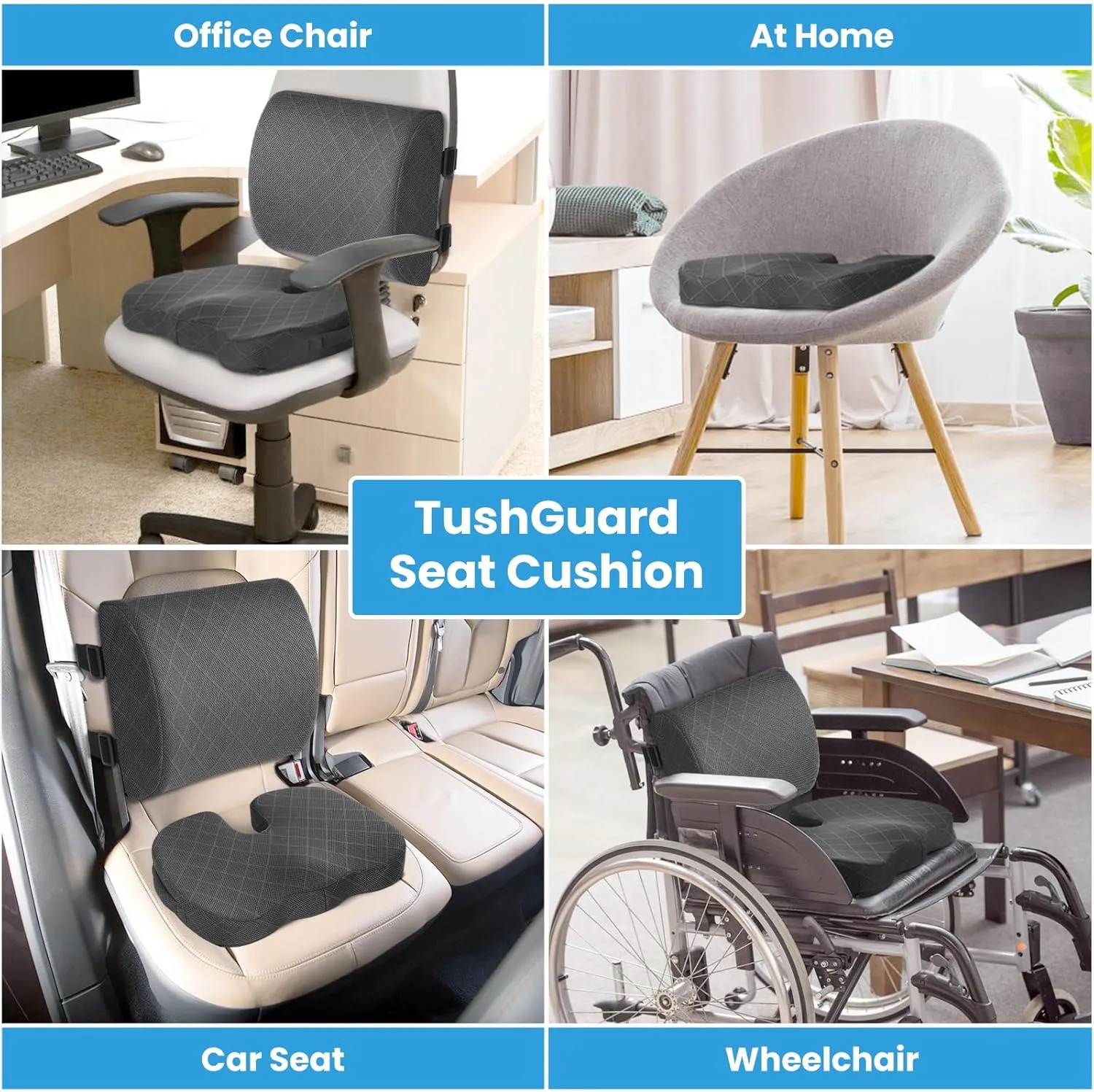 TushGuard Back&Seat Cushion, Car Seat Office Chair Cushions, Sciatica & Back Coccyx Tailbone Discomfort Easing Chair Pad, Memory Foam Lumbar Support Pillow for Desk, Wheelchair, Driving (Grey)