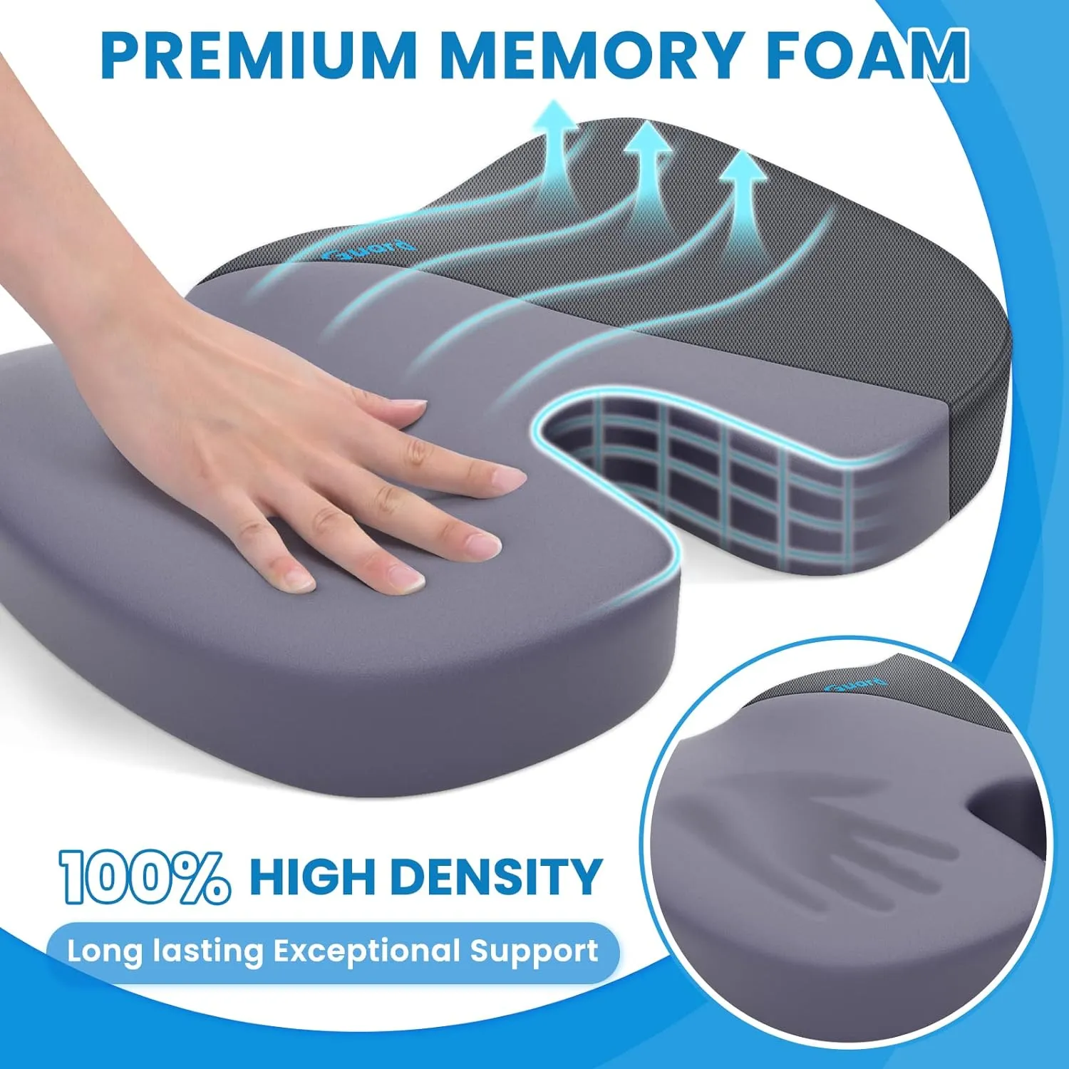 TushGuard Seat Cushion, Office Chair Cushions, Car Seat Cushion, Non-Slip Relief Chair Pad, Memory Foam Butt Pillow for Computer Desk, Office Chair, Grey