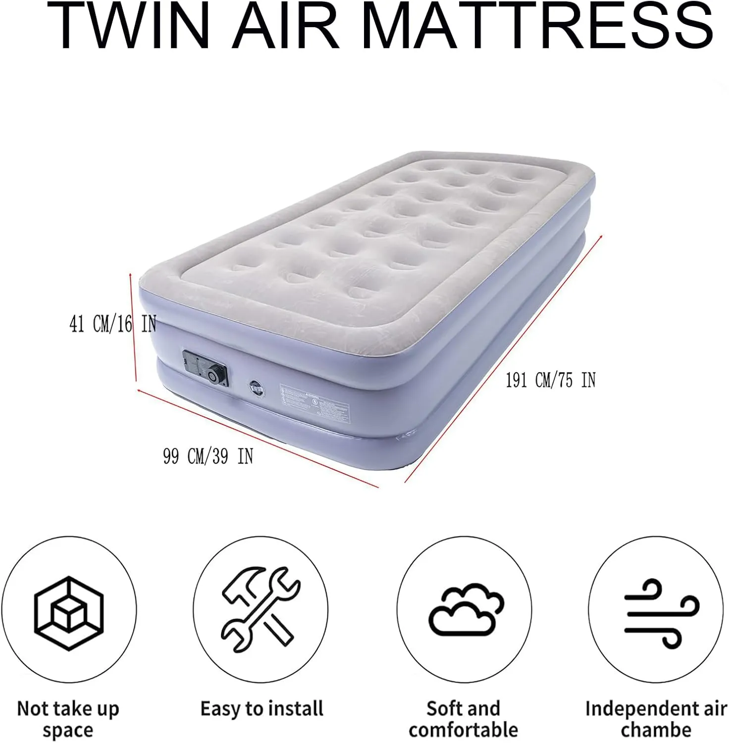 Twin Air Mattress Bed with Built in Pump,16 Inches High Airbed Inflatable Mattress,Comfort Thickened Blow Up Air Bed,Travel Sleeping Bed Pad for Guests Home (Twin Size)
